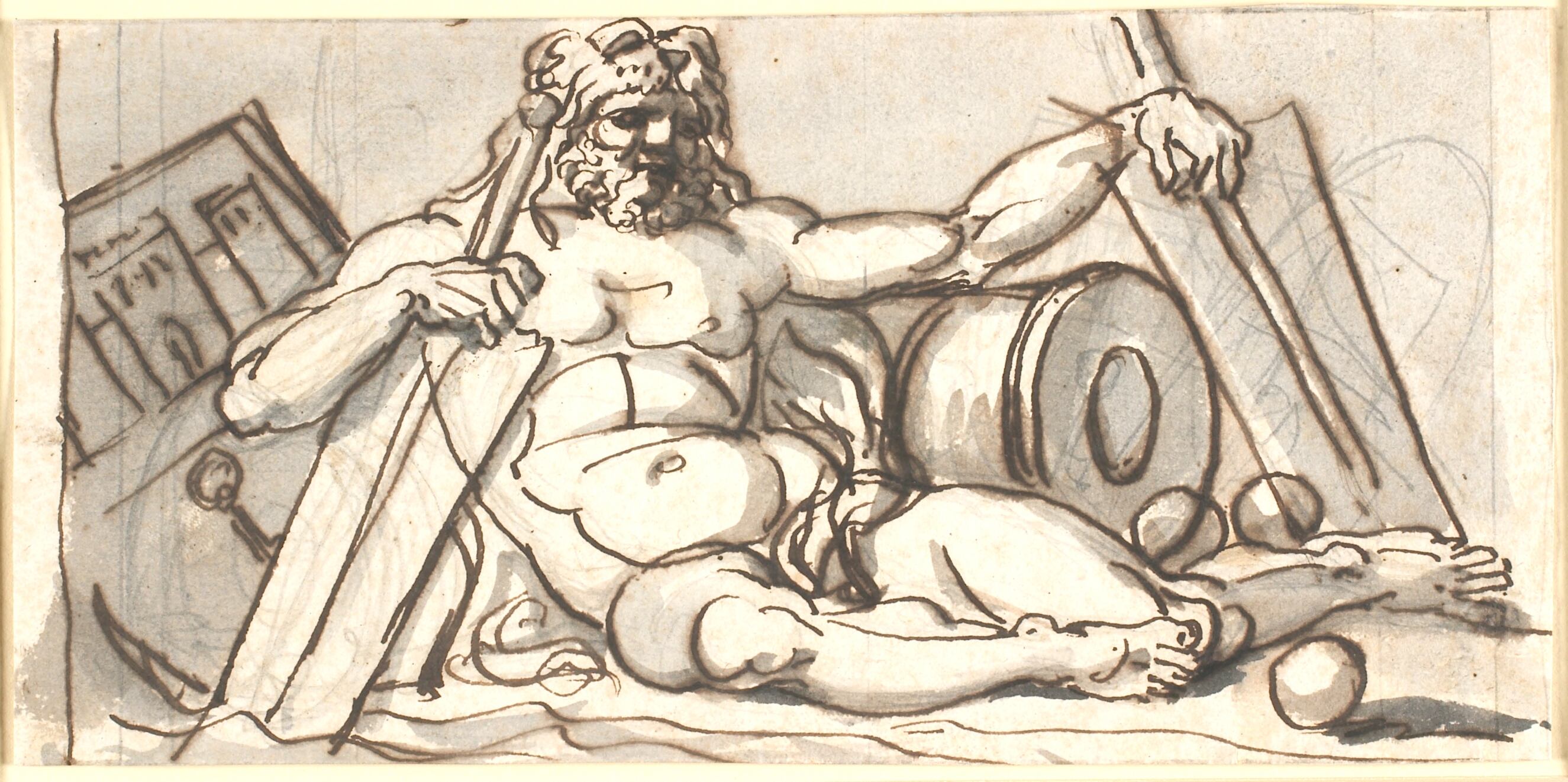 En liggende nøgen havgud med attributter