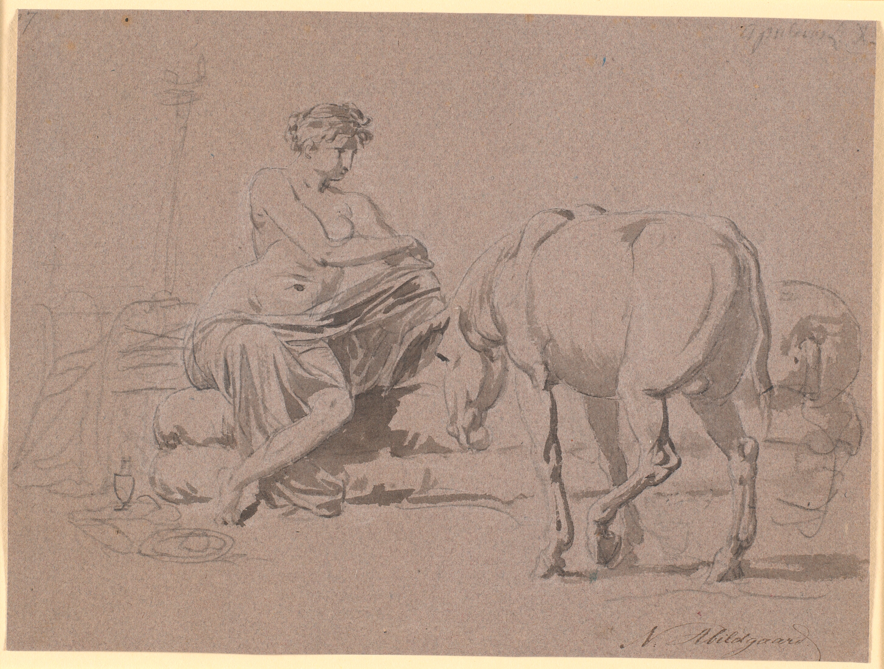 Scene af Apuleus' "Det gyldne æsel" 10.bog. Den unge pige afklæder sig, til højre står æslet