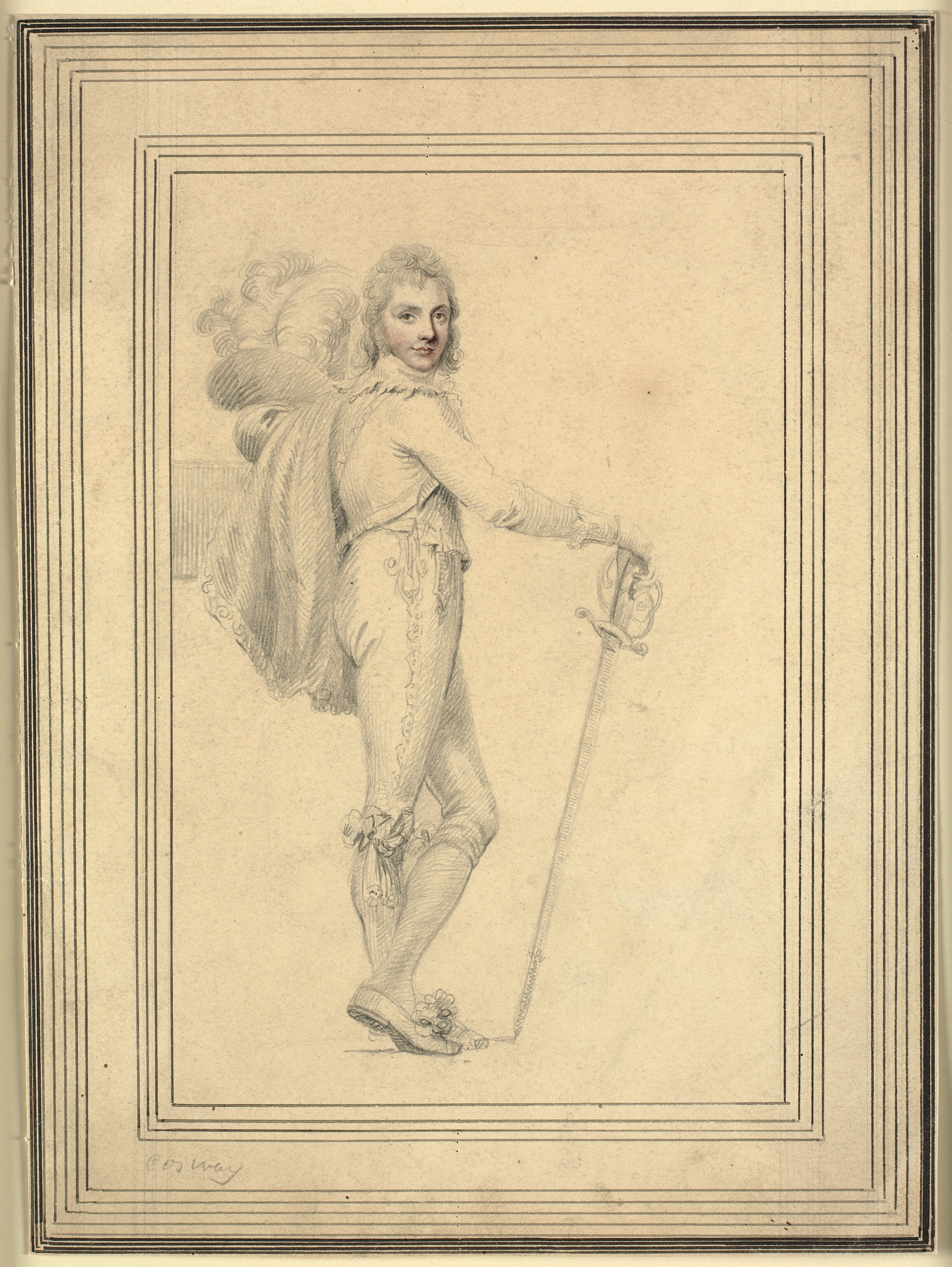 Portræt af en fornem herre, stående, helfigur, med kårde i den ene hånd og en fjerprydet hat i den anden