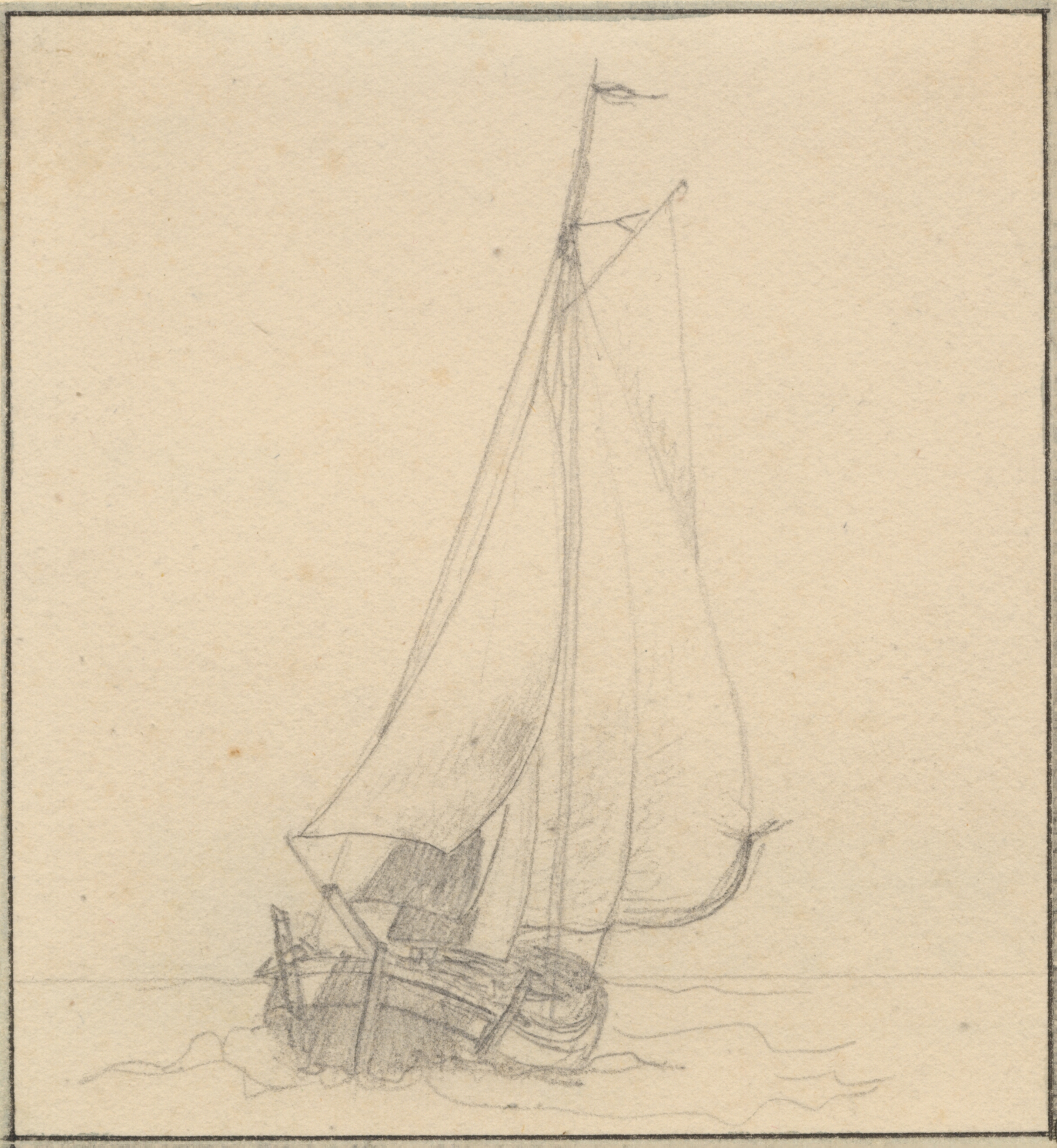 En jagt under sejl set forfra.