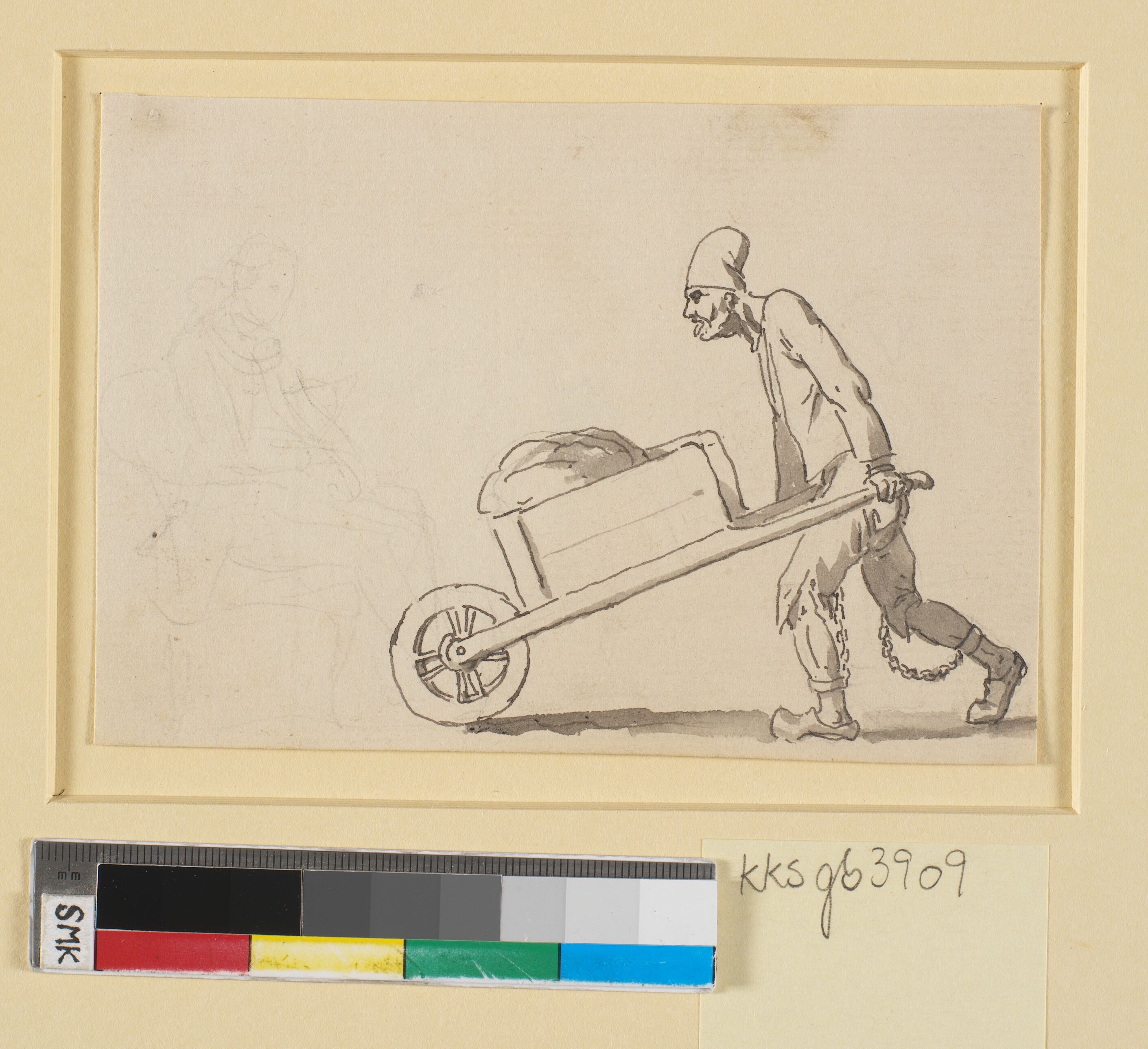 En slave skubbende en trillebør; til venstre en let skitse af en siddende herre