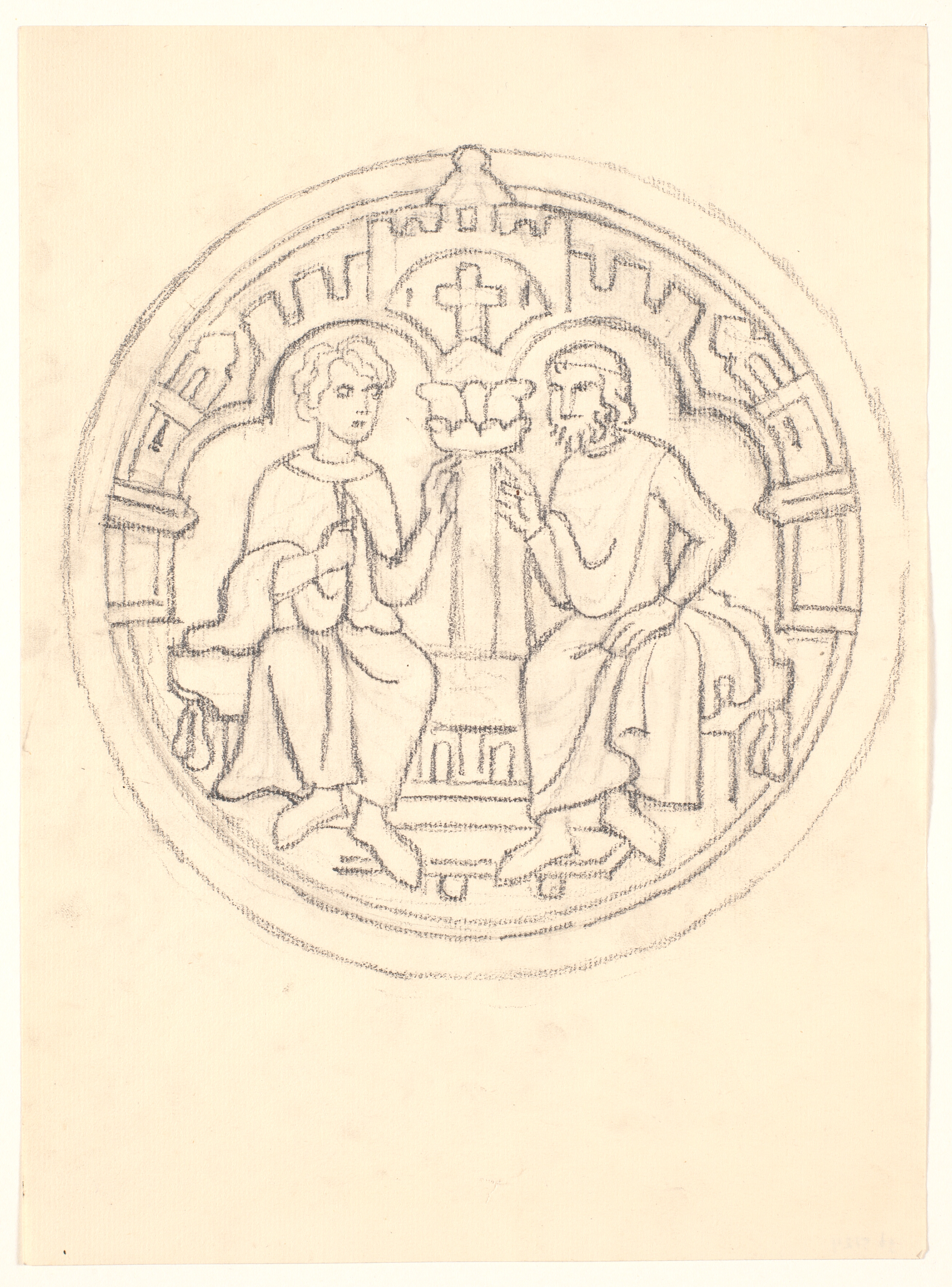 Dekorativt udkast. Tondo med to siddende figurer