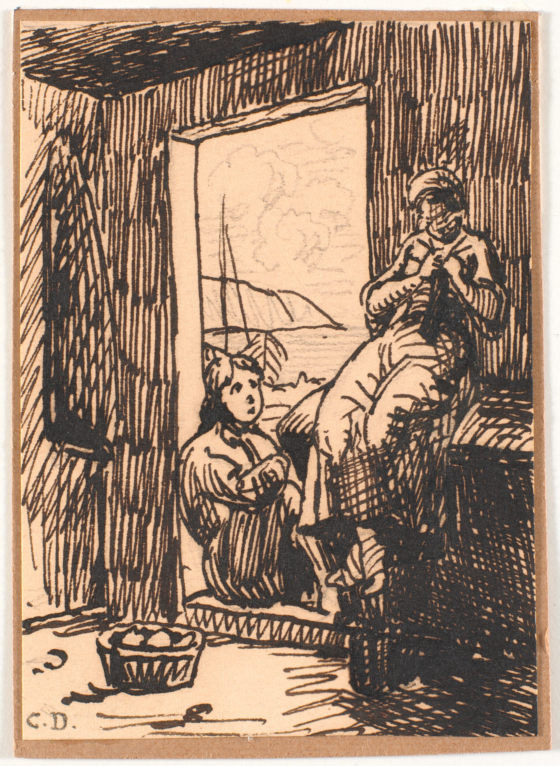 Pige og fiskerdrene i åben dør