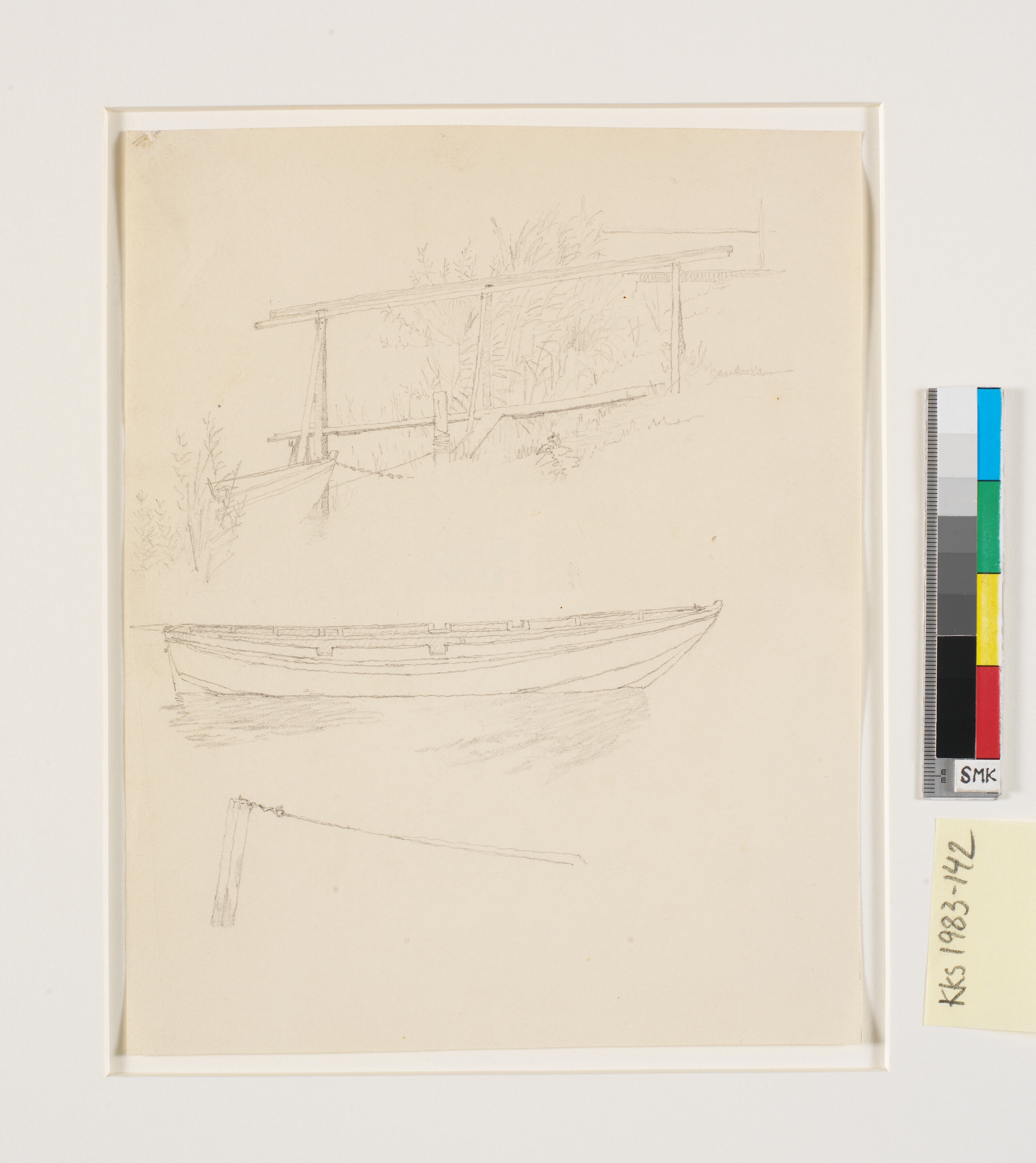 Studie af en robåd og bådebro