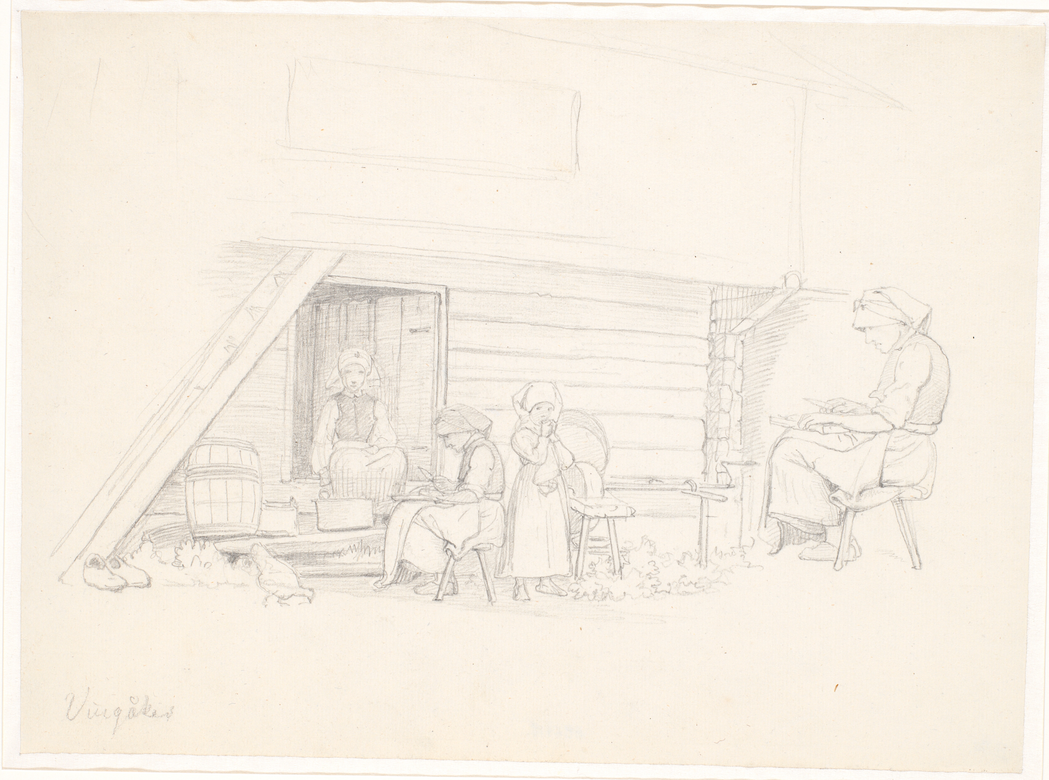 Svensk kone og tre børn uden for et hus i "Vingåker"