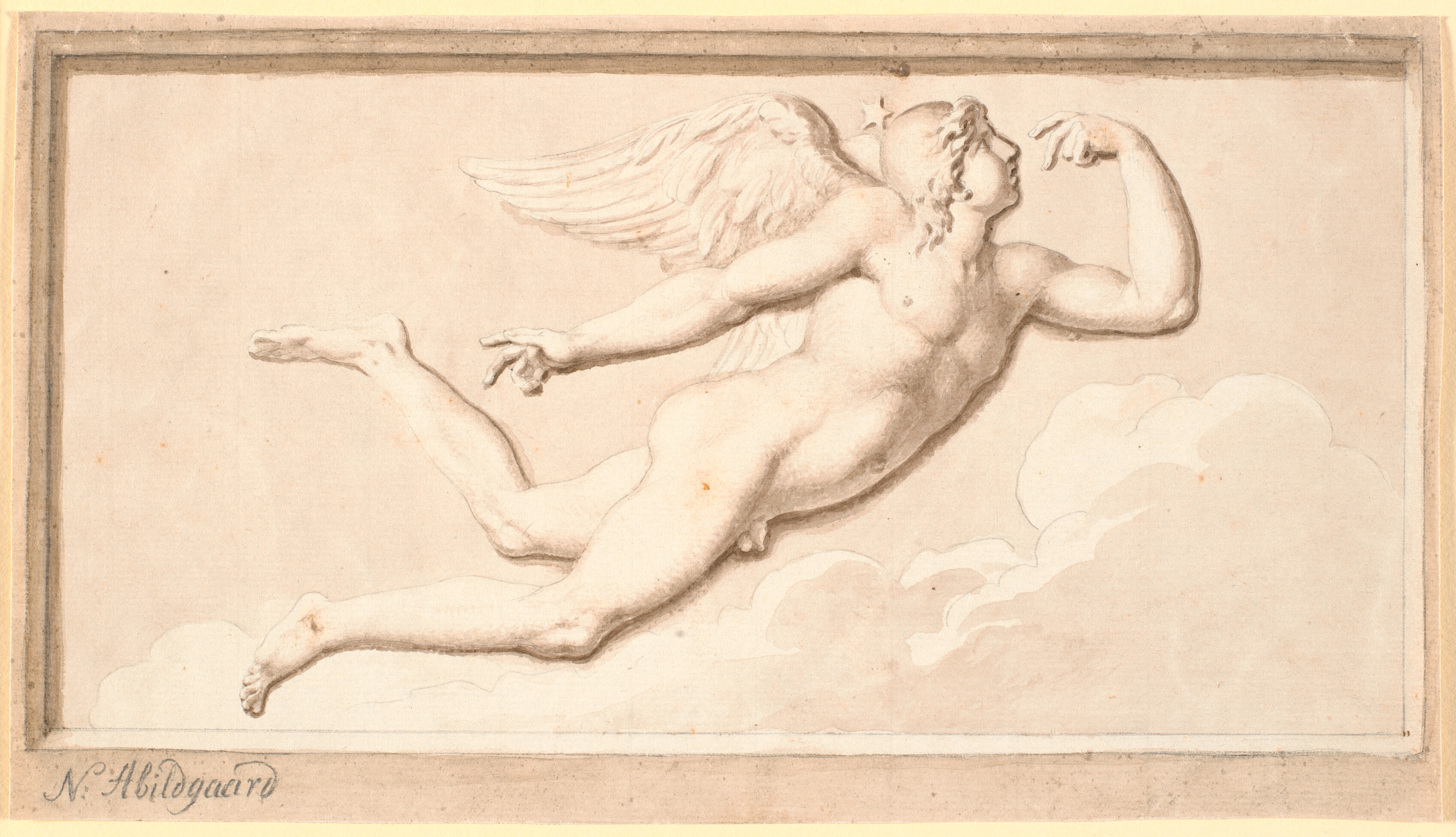 Morgenen eller dagen. En vinget flyvende ung mand