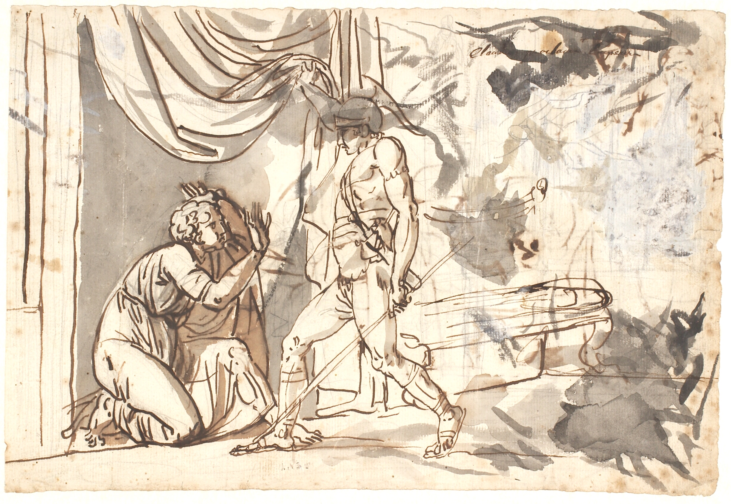 En soldat finder Claudius, der frygter for at blive kejser, gemt bag et gardin