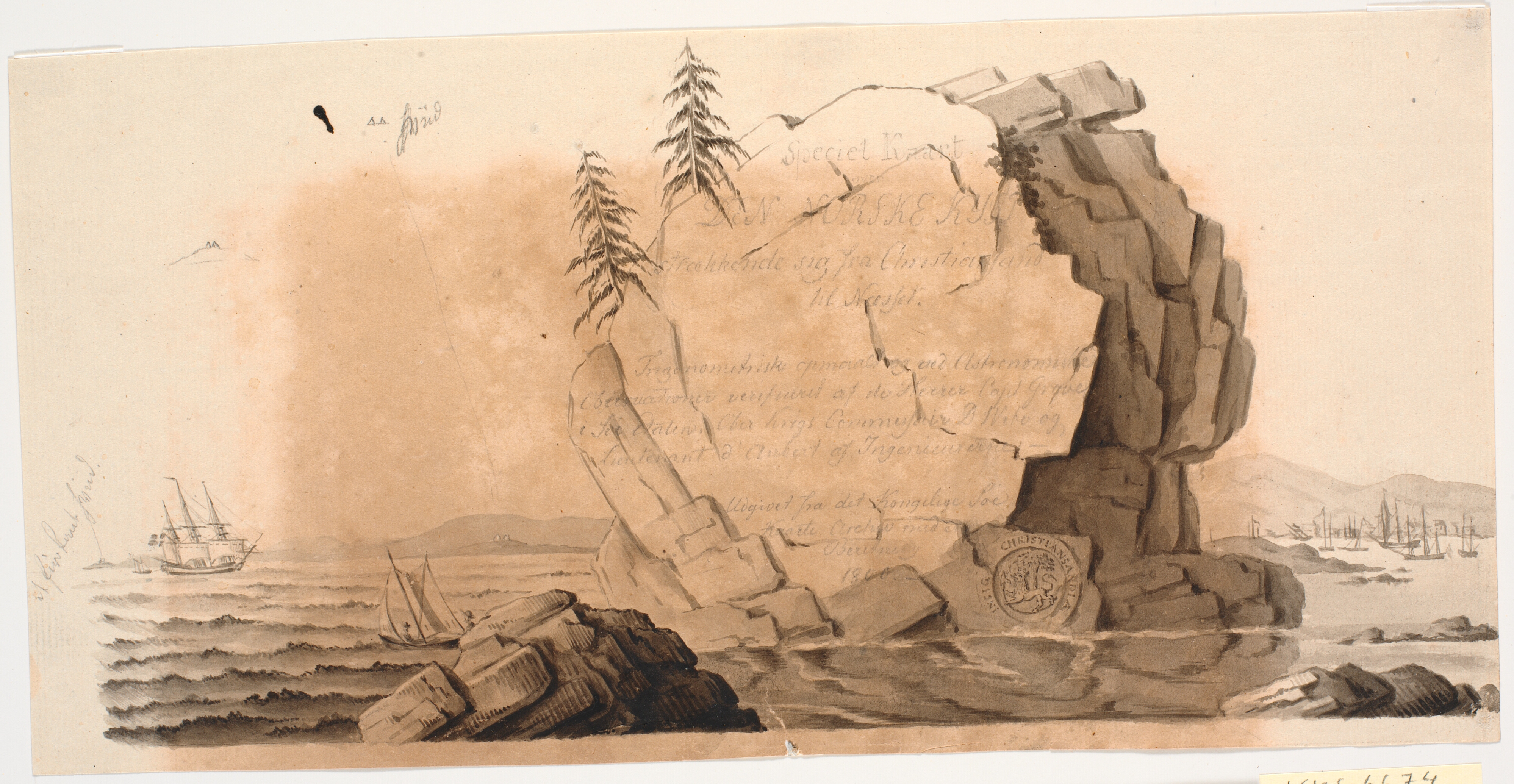 Udkast til titelvignet til et søkort: Speciel Kaart over en Deel af den Norske Kyst