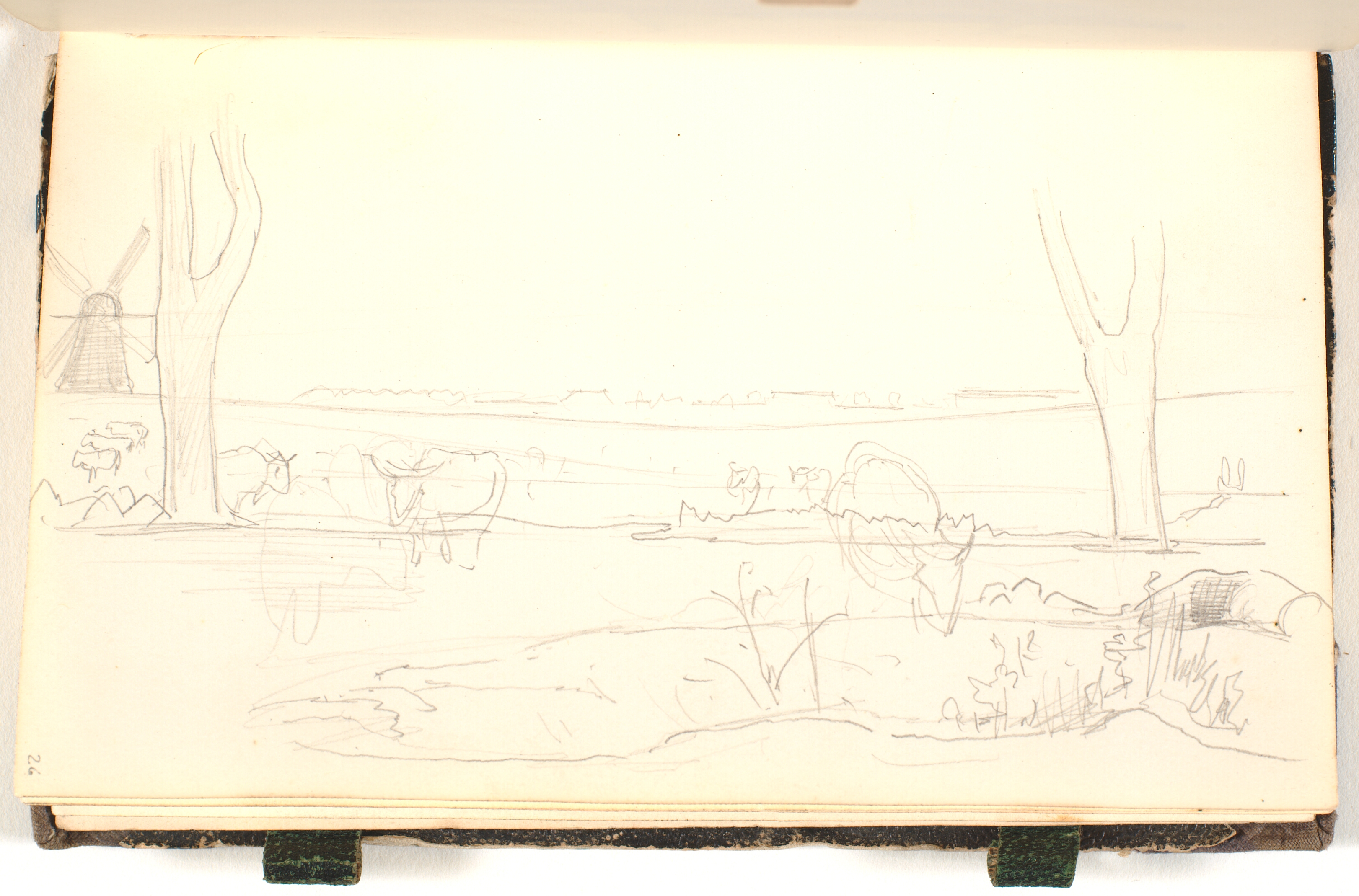 Et landskab med to træer, en mølle og nogle køer