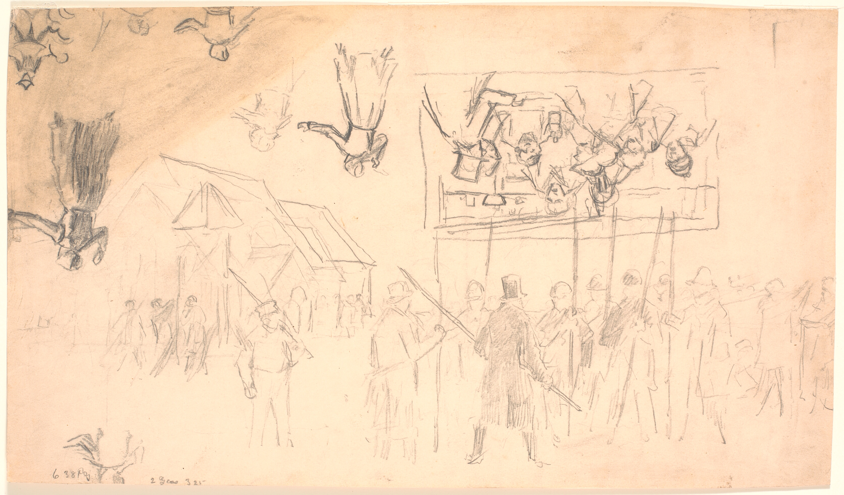 Studieblad med flere udkast. F.n. studie til maleriet "Fjenden ventes"; f.o. studie af bønder omkring et bord og fem studier af en gående kvinde