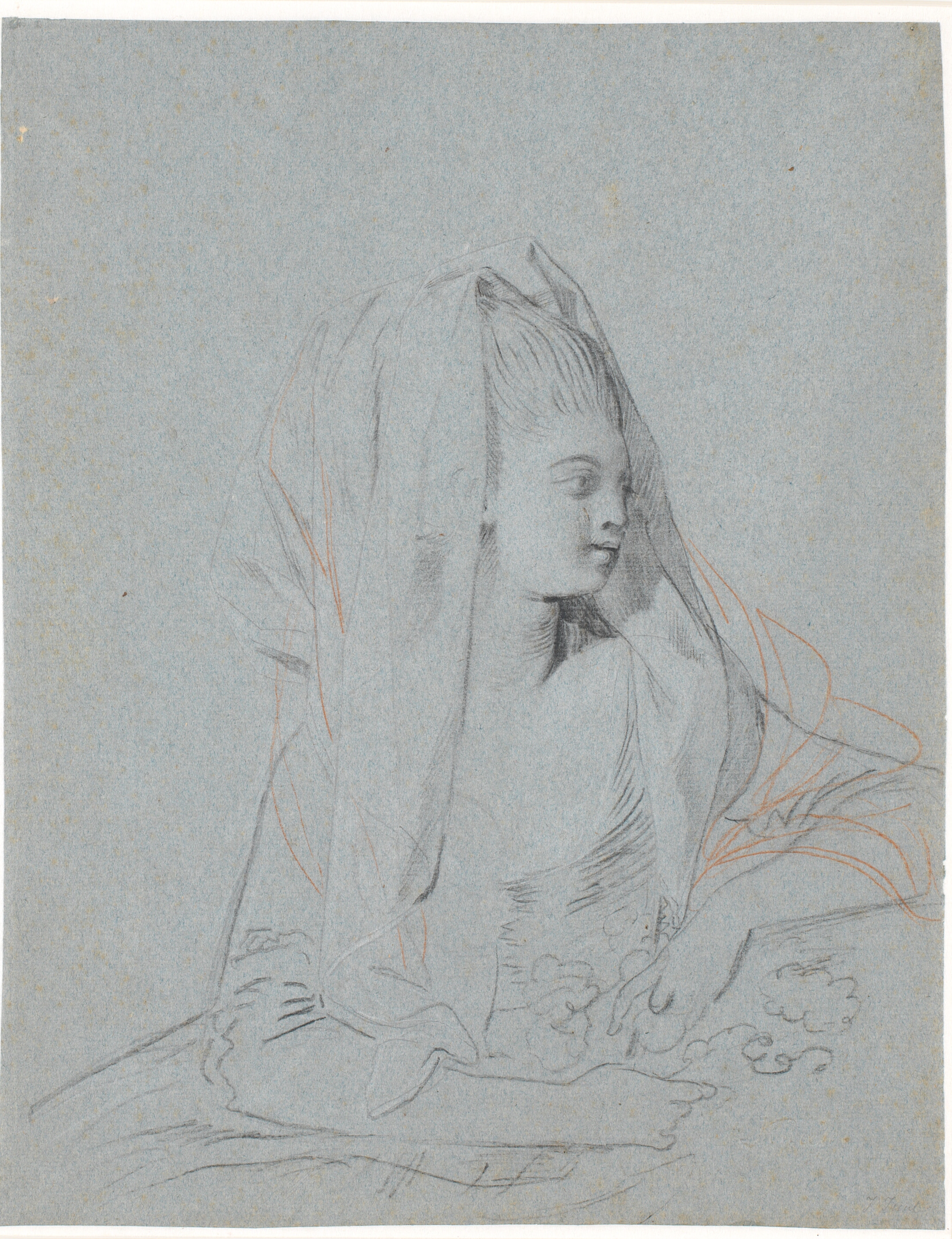 Studie af siddende ung dame med blomster i hænderne og slør over hovedet.