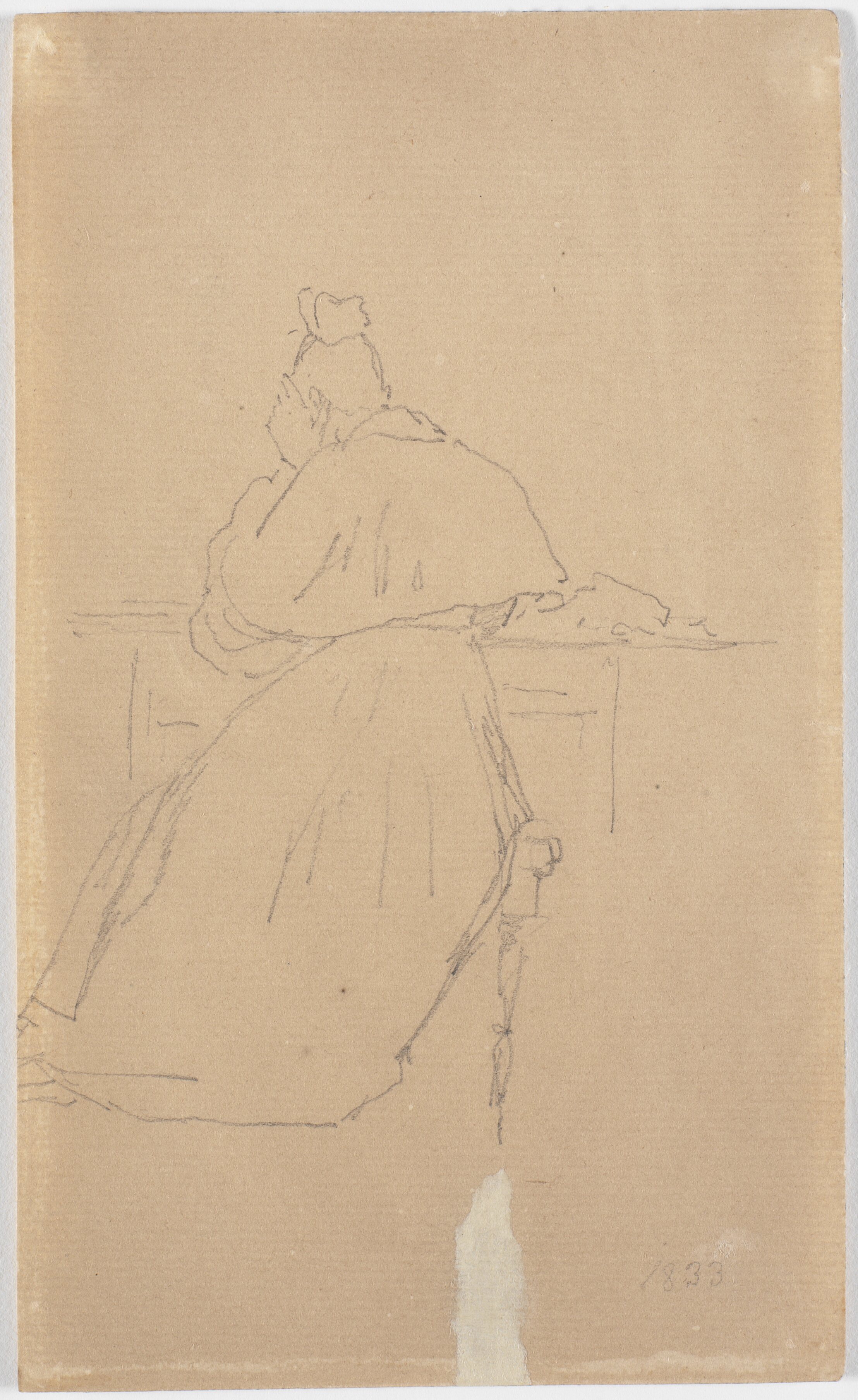 Kunstnerens søster siddende ved et bord, set bagfra