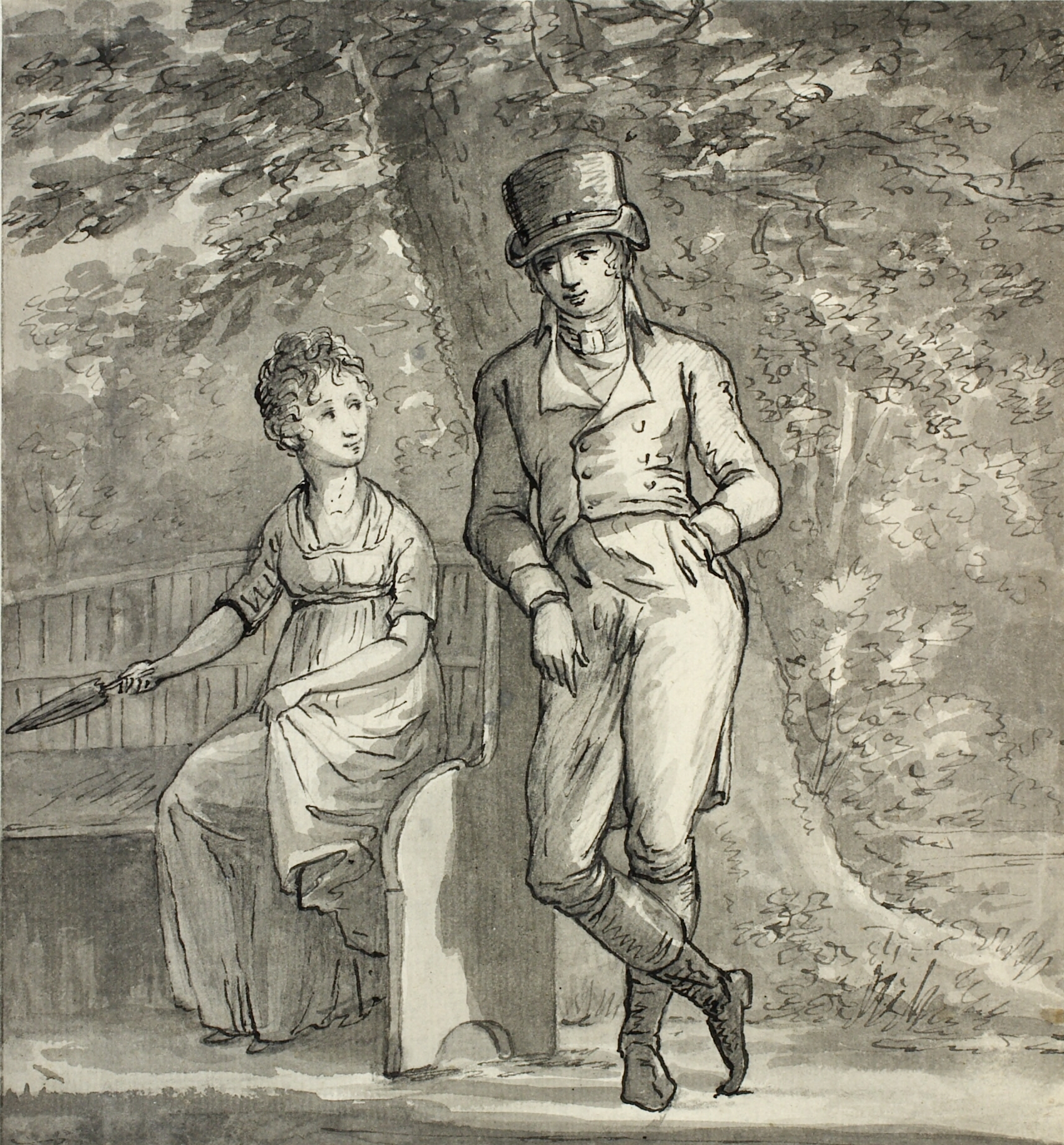 Konverserende dame og herre under træ