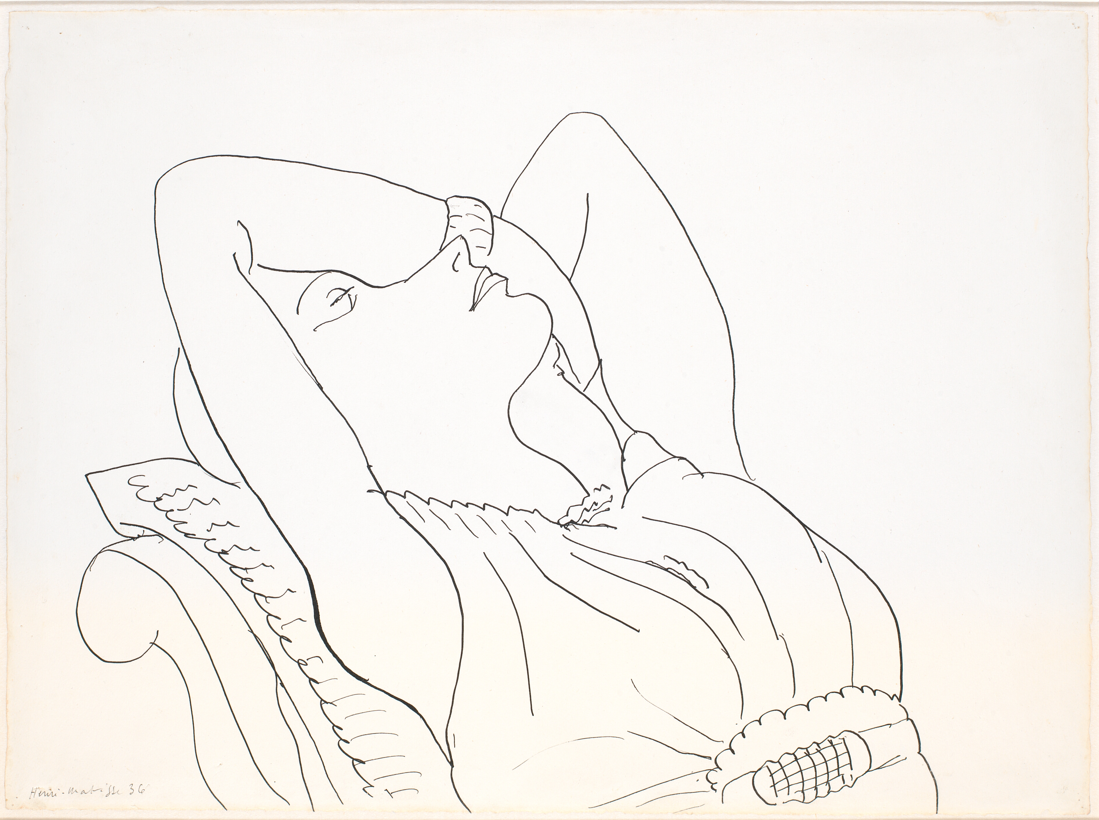 Tilbagelænet kvinde med armene over hovedet, halv figur