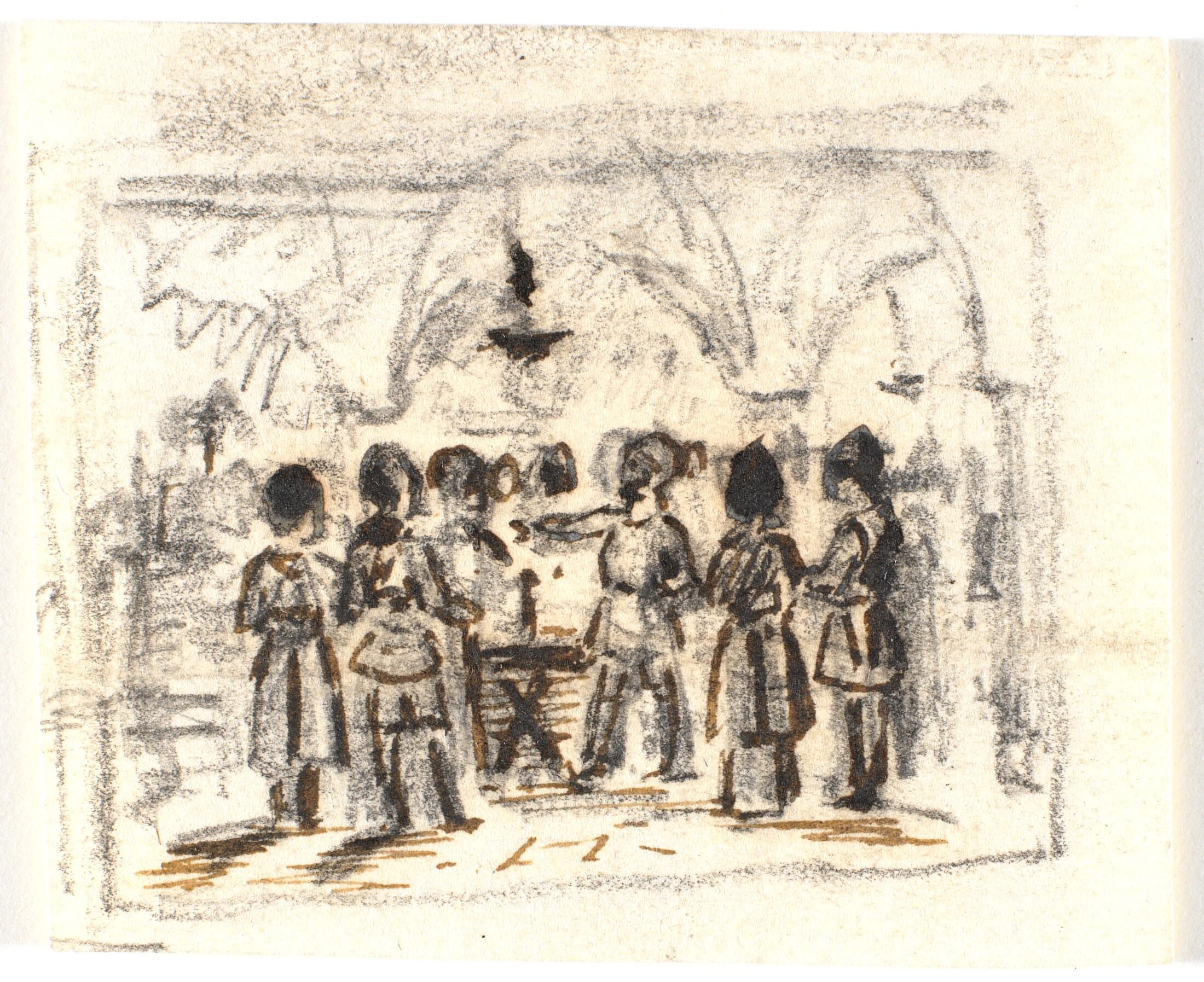 Kompositionsudkast med en middelalderlig (?) scene