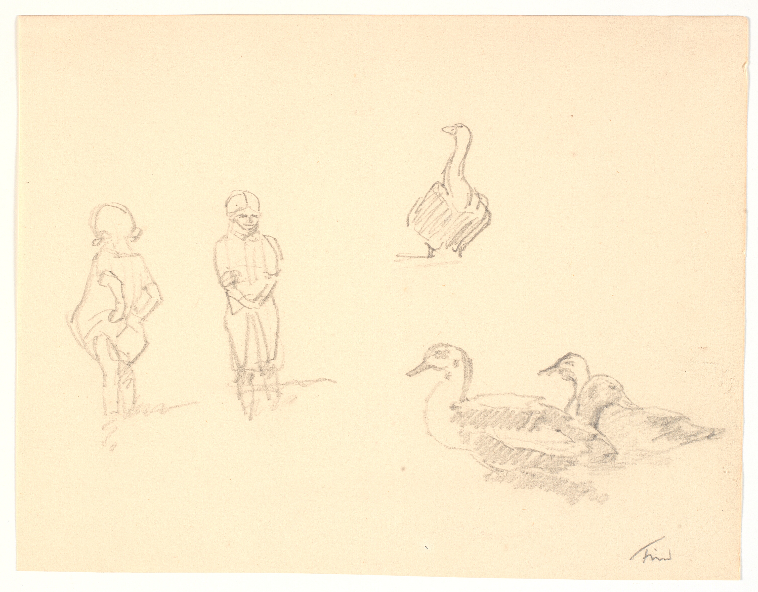 Studie af to soppende børn og tre gæs