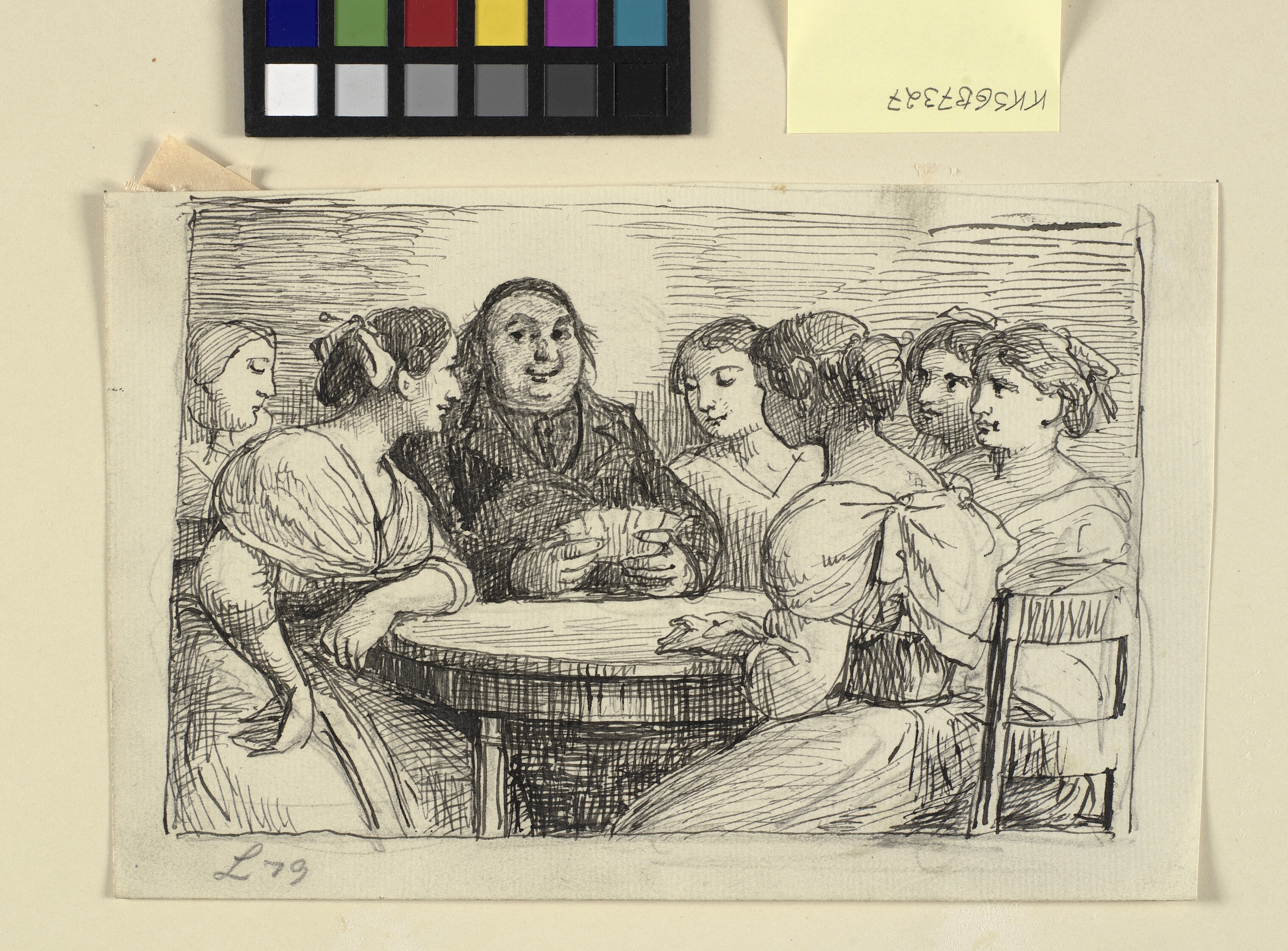 En munk med spillekort i hånden og seks kvinder