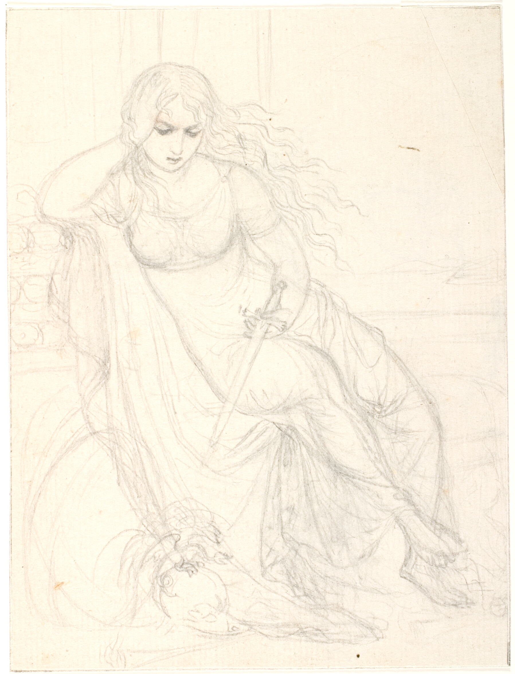 Siddende kvinde med et sværd i venstre hånd