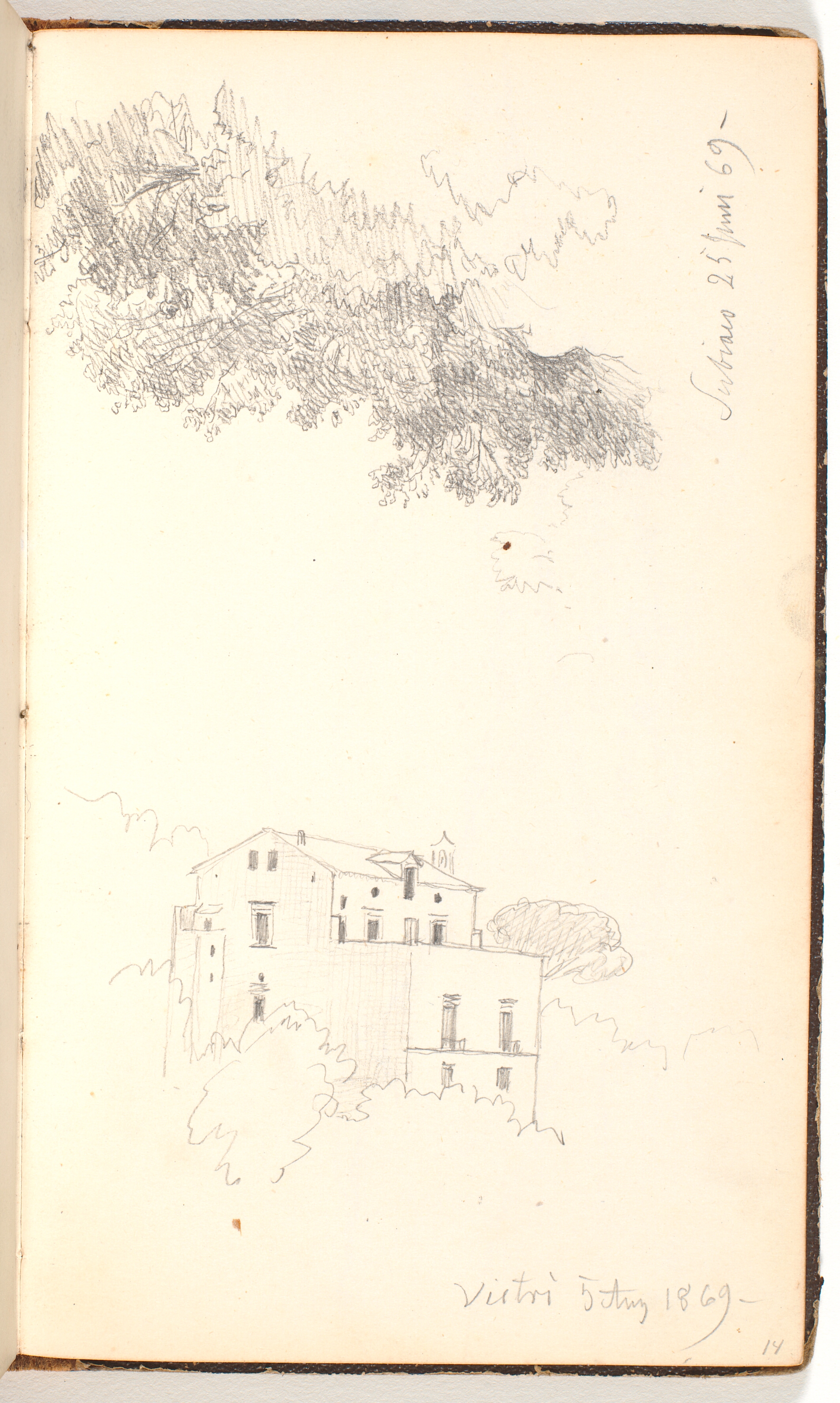 Løv. Betegnet Subiaco. Et hus mellem træer. Betegnet Vietri