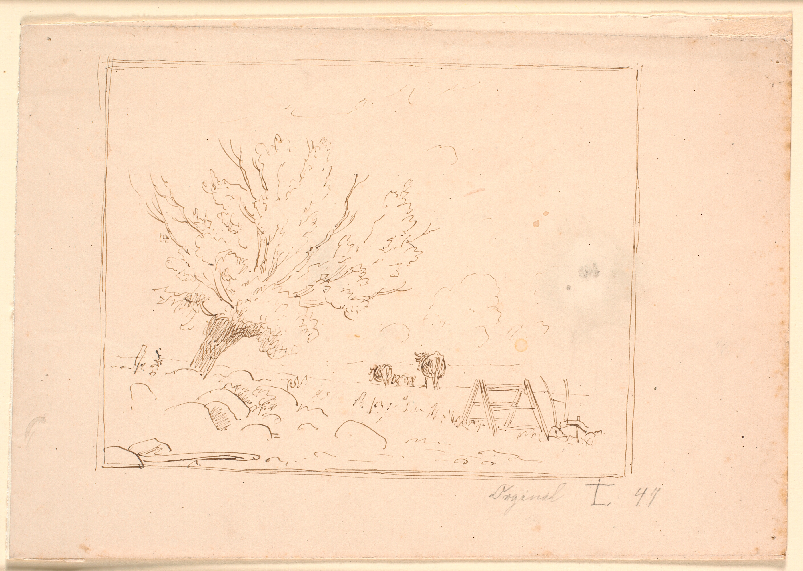 Marklandskab med et piletræ ved store sten, en hane, en plov og tre køer