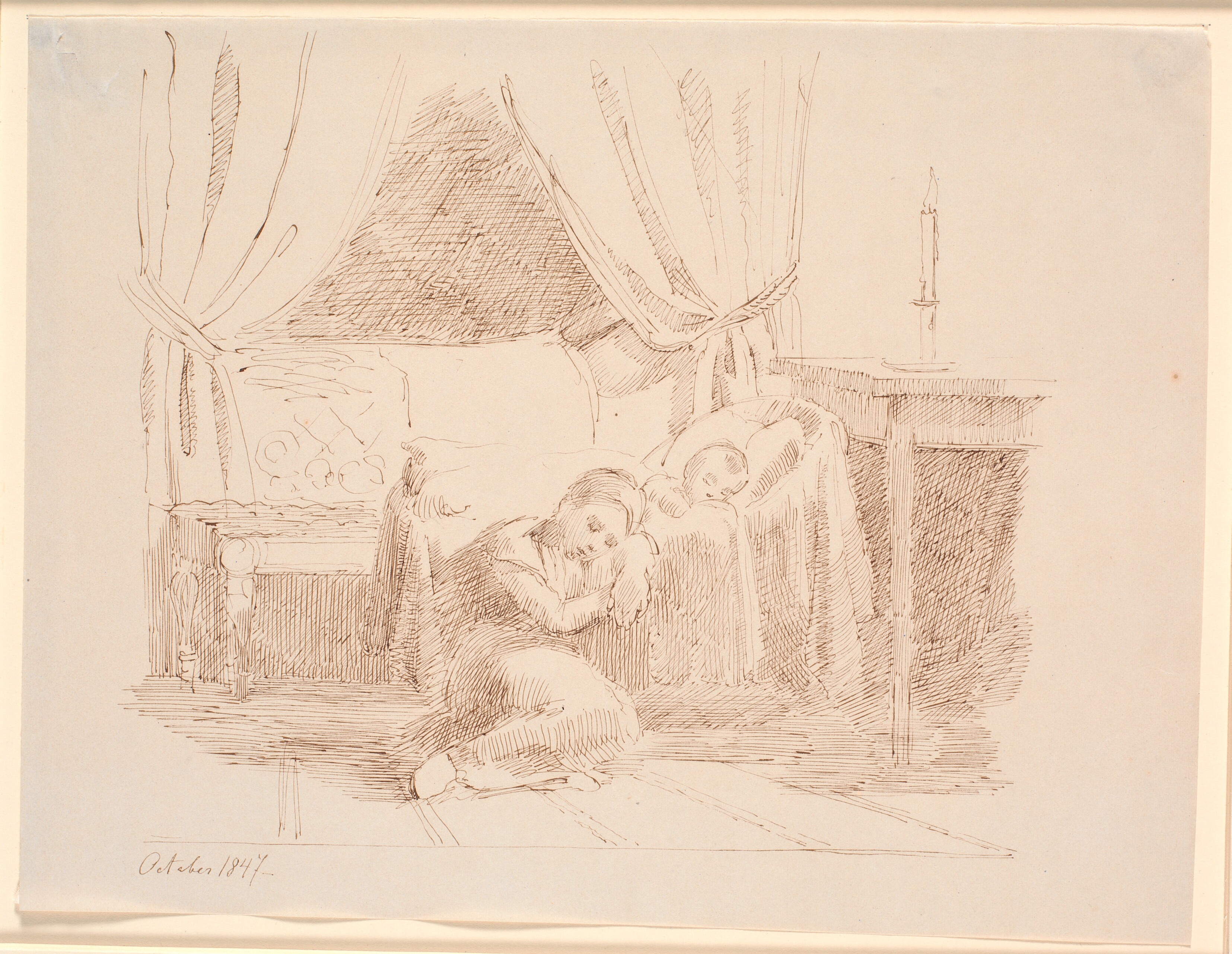 Sovekammerinterieur med en lille pige, som sidder på gulvet og sover, lænet mod en vugge med et sovende barn