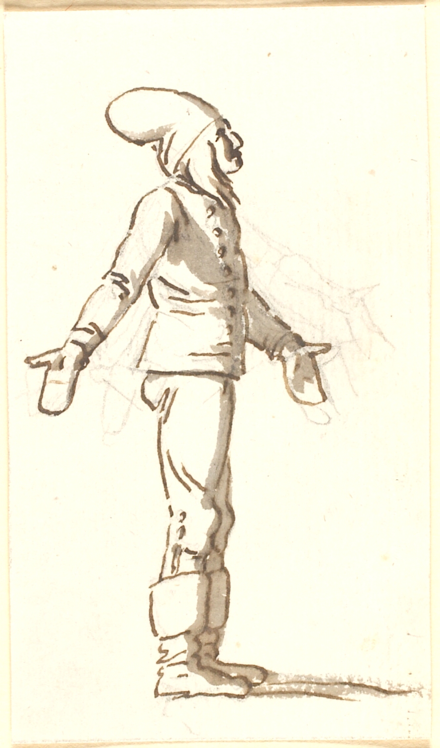 En stående dreng med en stor hue på hovedet og vanter på de udrakte hænder