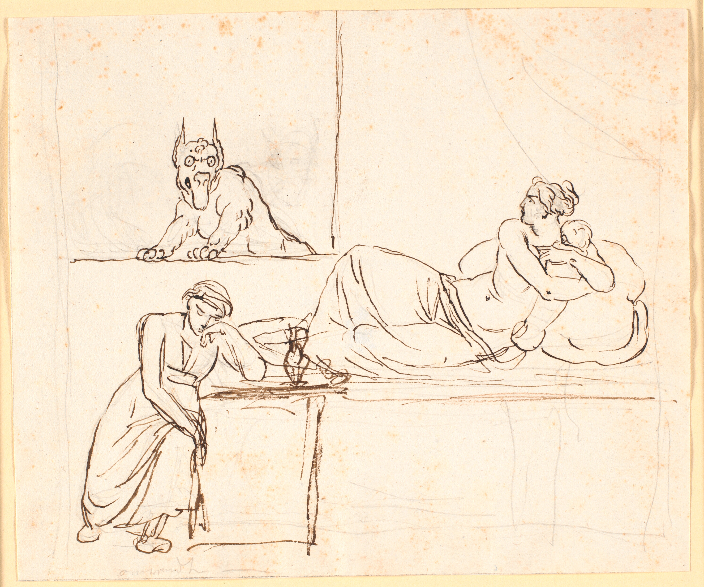 En kvinde, der ligger med et spædbarn på en seng, ser et uhyre vise sig i vinduet. Ved sengens fodende sidder en sovende kvinde