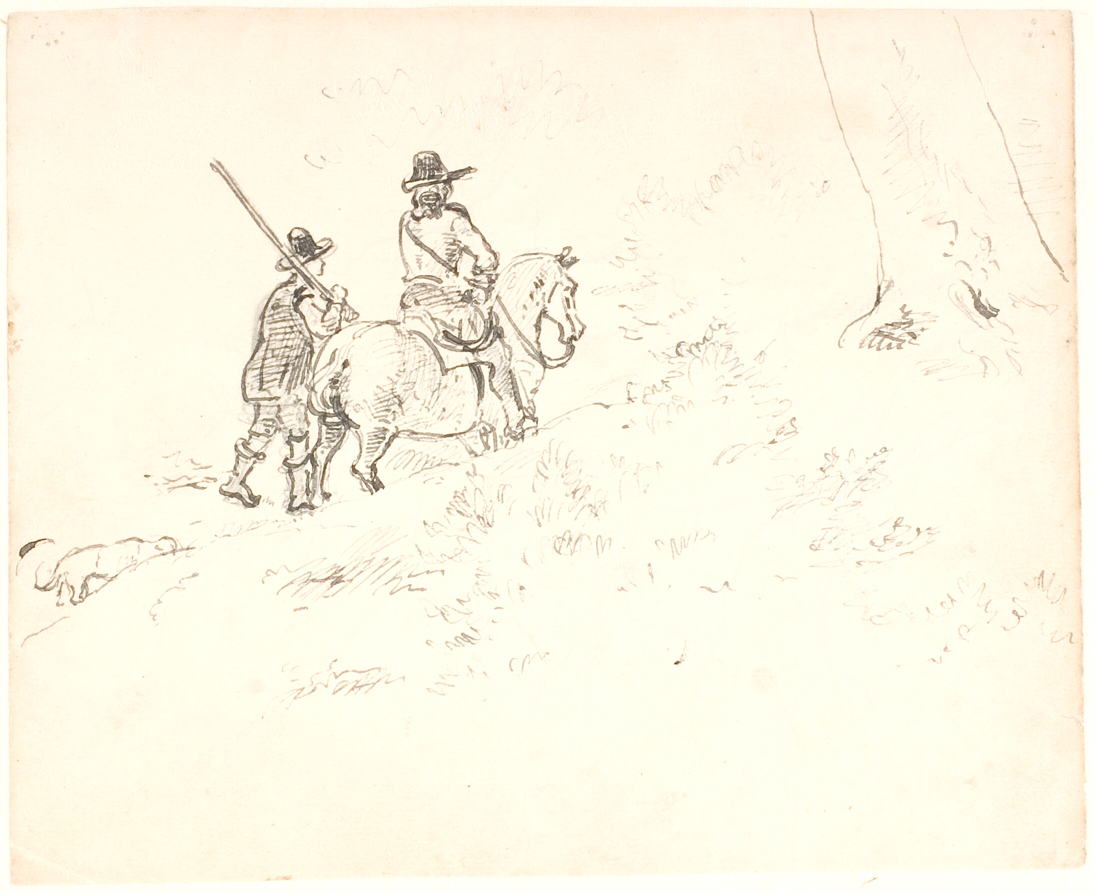 En rytter fulgt af en mand til fods, begge i ældre tids dragt