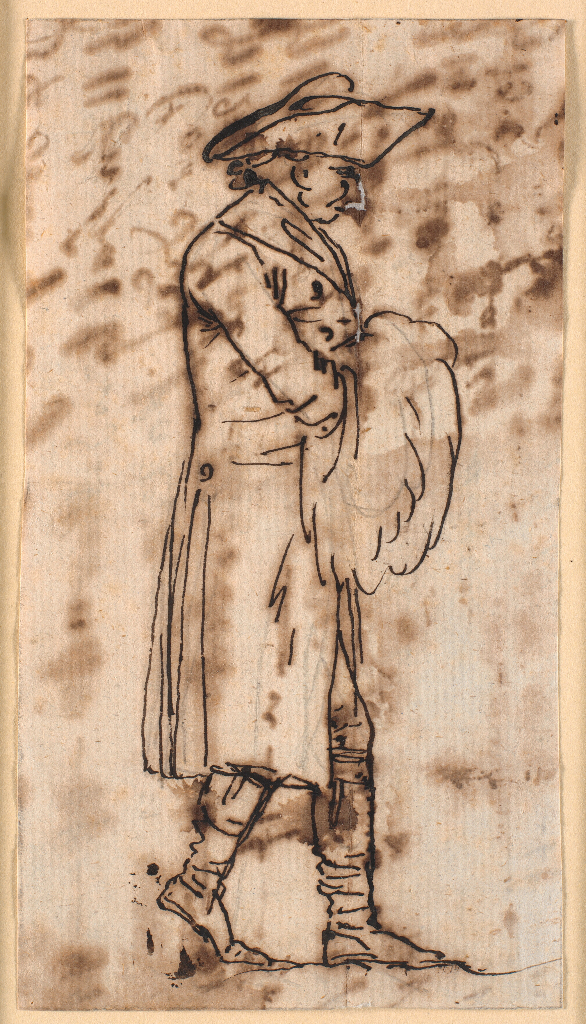 Karikatur med en gående mand med hænderne i en muffe, i profil t.h.