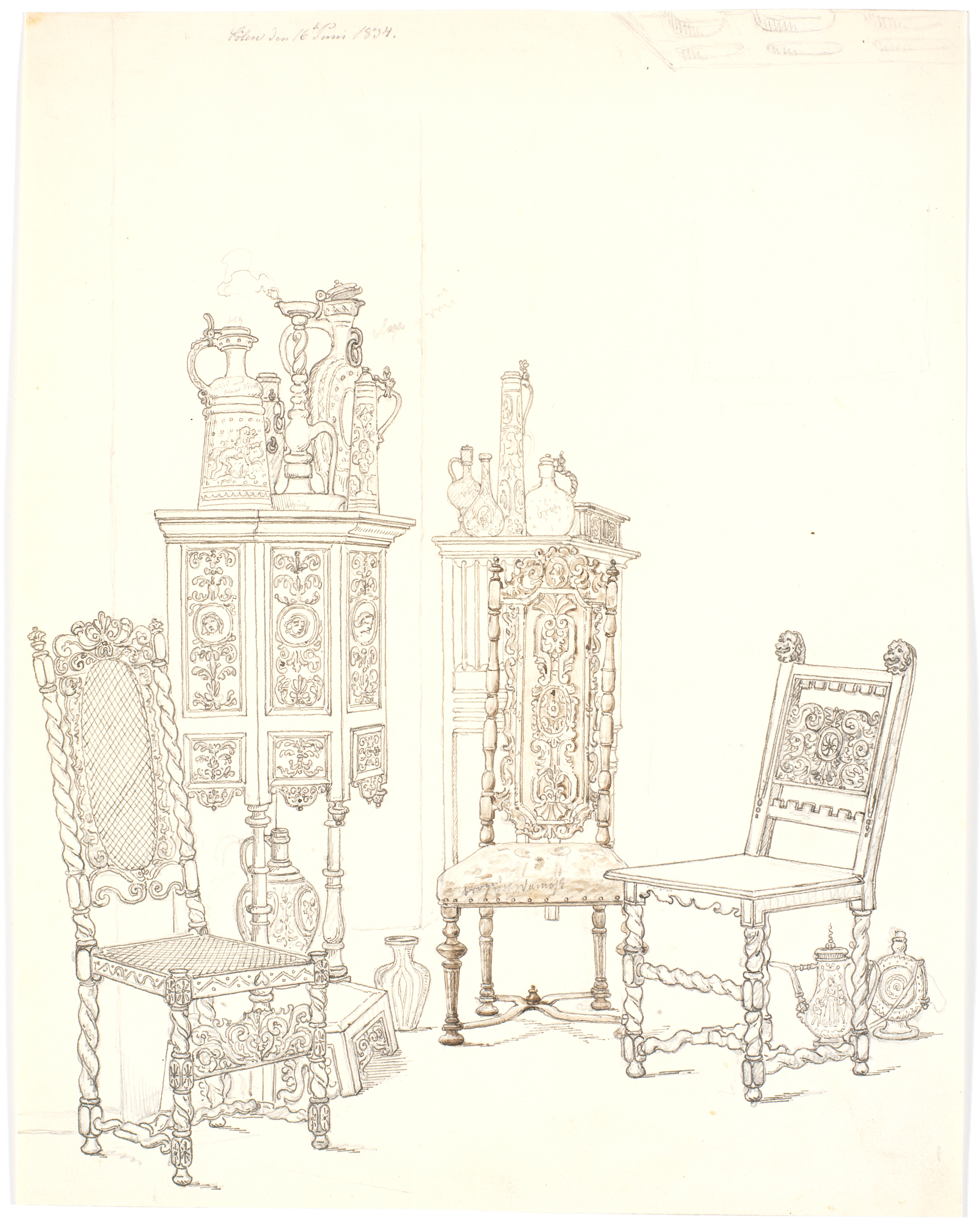 Gamle stole og skabe med stentøj