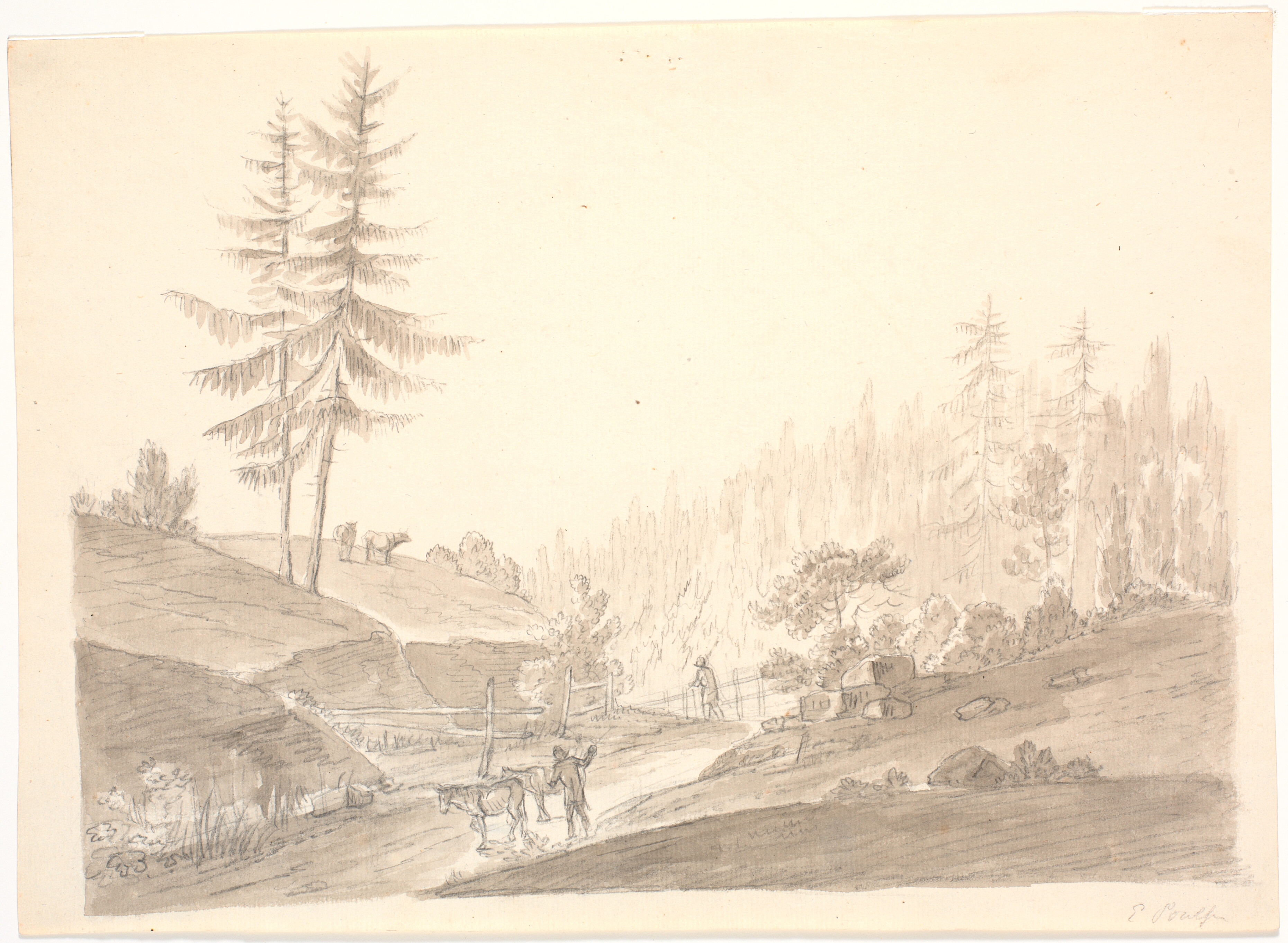 Norsk bjerglandskab med kvæg og to mænd