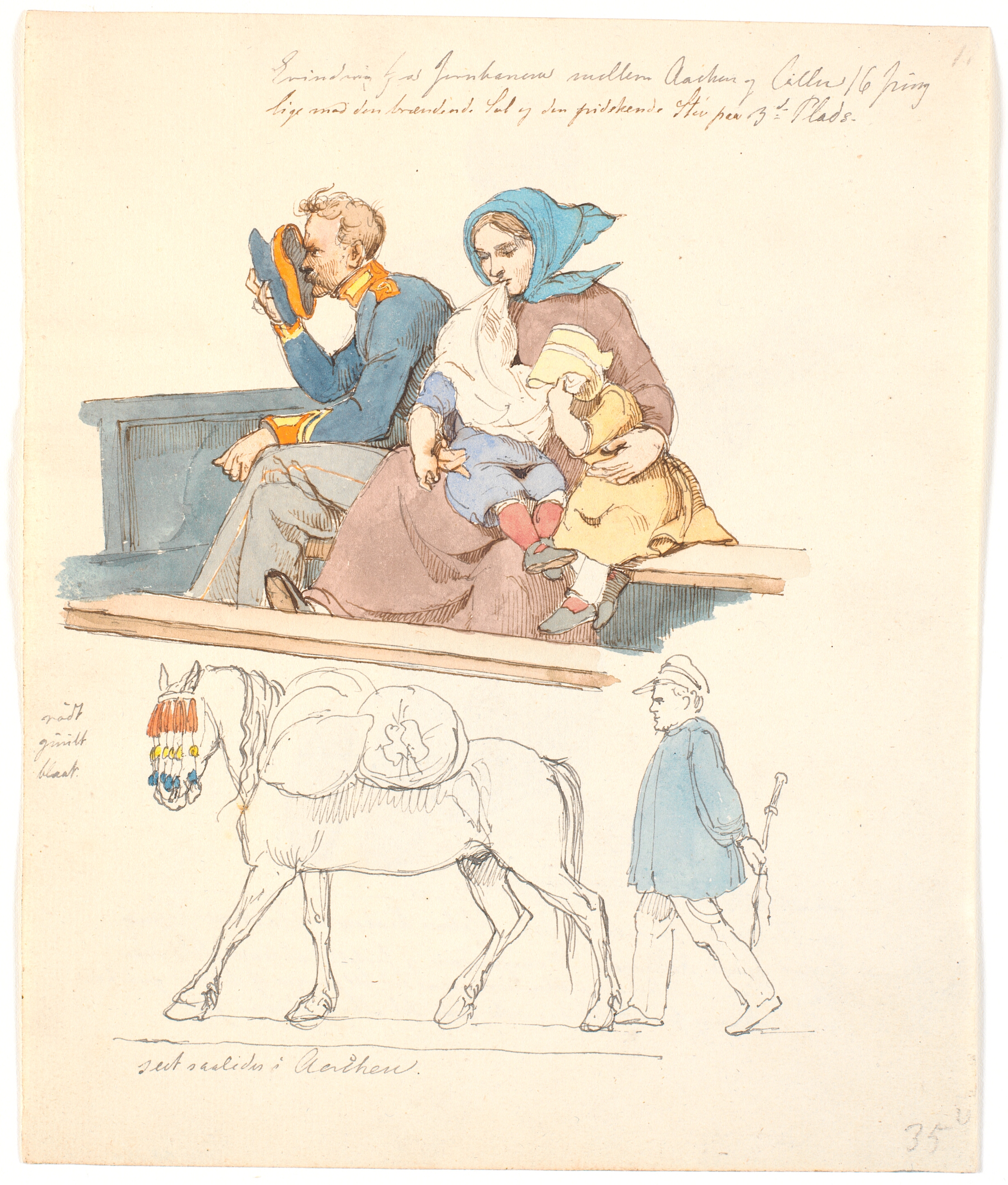 Soldat og kone med to børn, siddende på en bænk. F.n. en hest med oppakning fulgt af en mand