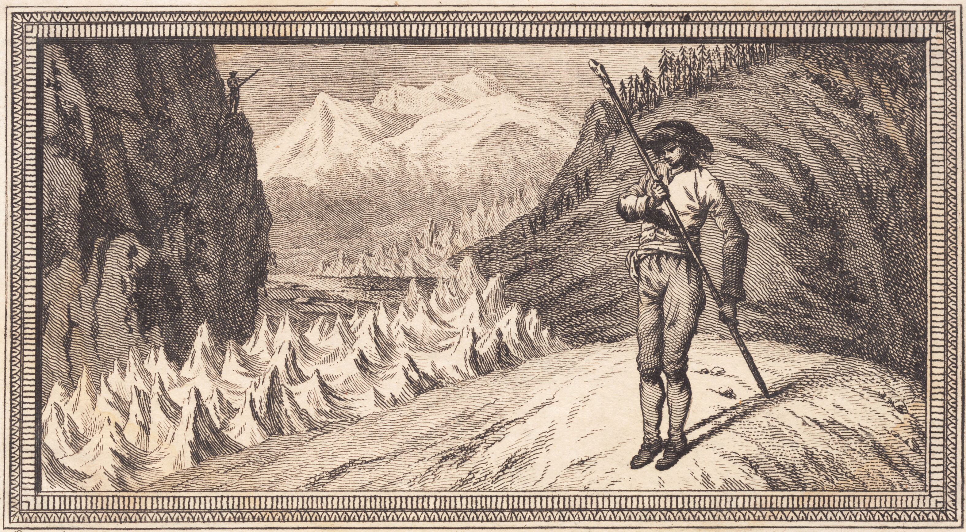 En mand på en sneflade støtter sig til en lang stav