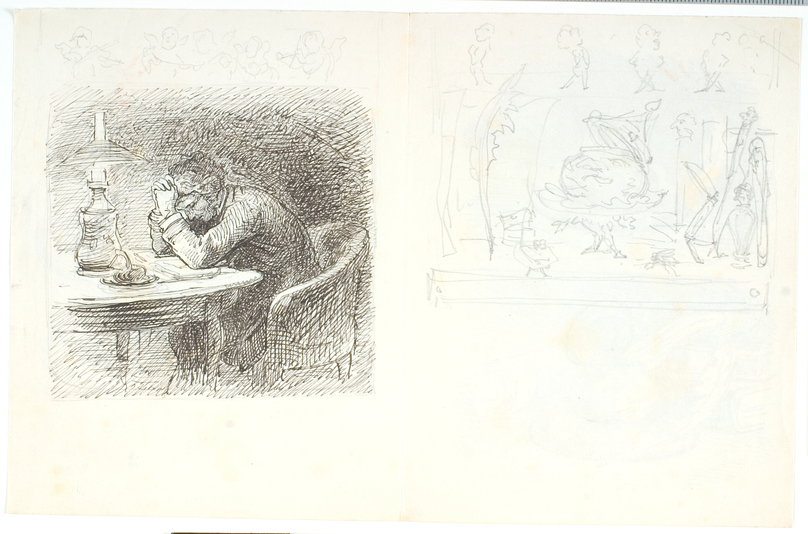 T.v.: Siddende mand, der læner sig ind over et bord. T.h.: Skrivebordsscene med papir, pen og blækhus