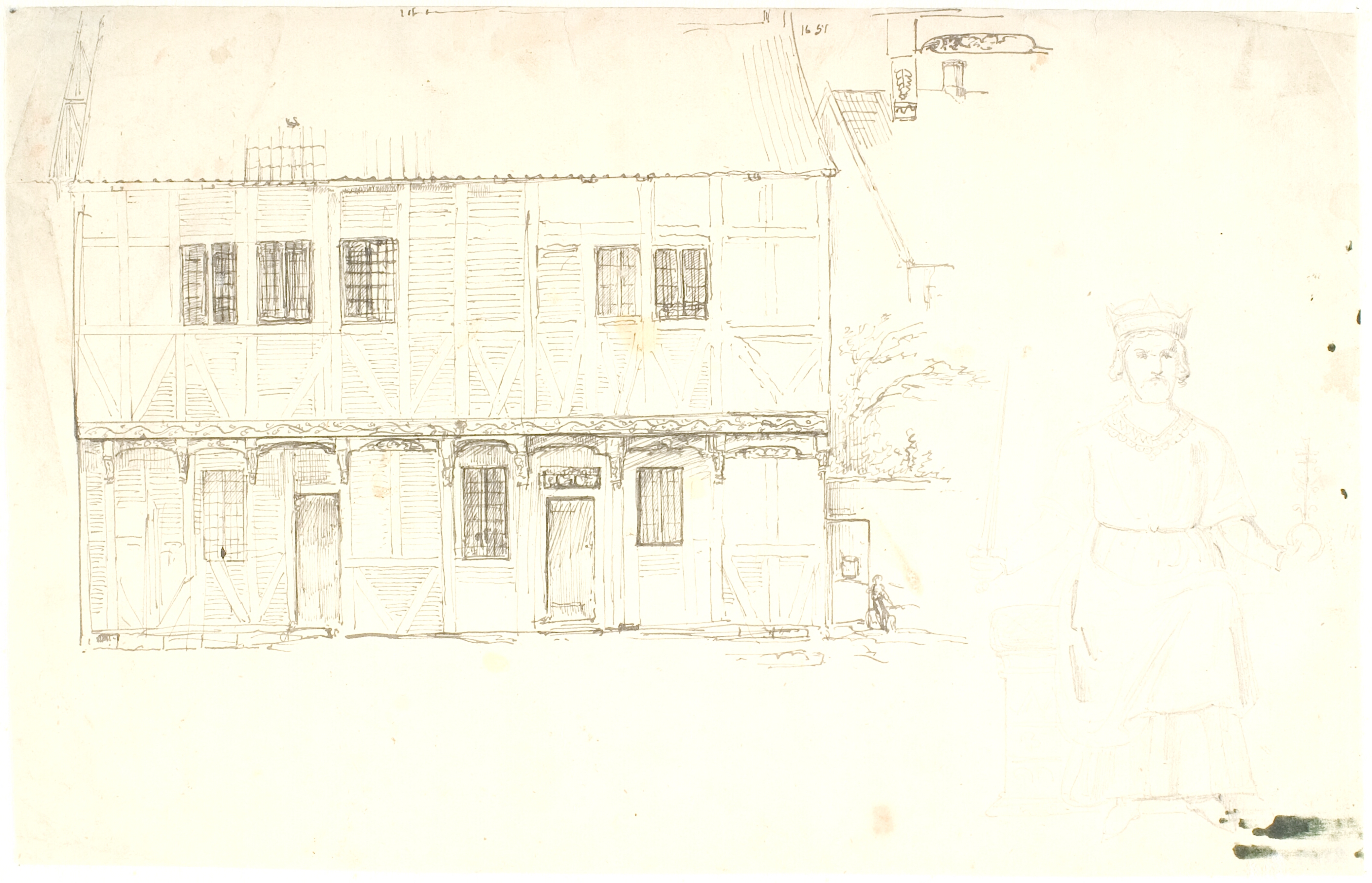 Bagsiden af det nu ødelagte hus i Nørregade nr. 15 i Odense. En tronende konge med scepter og sværd