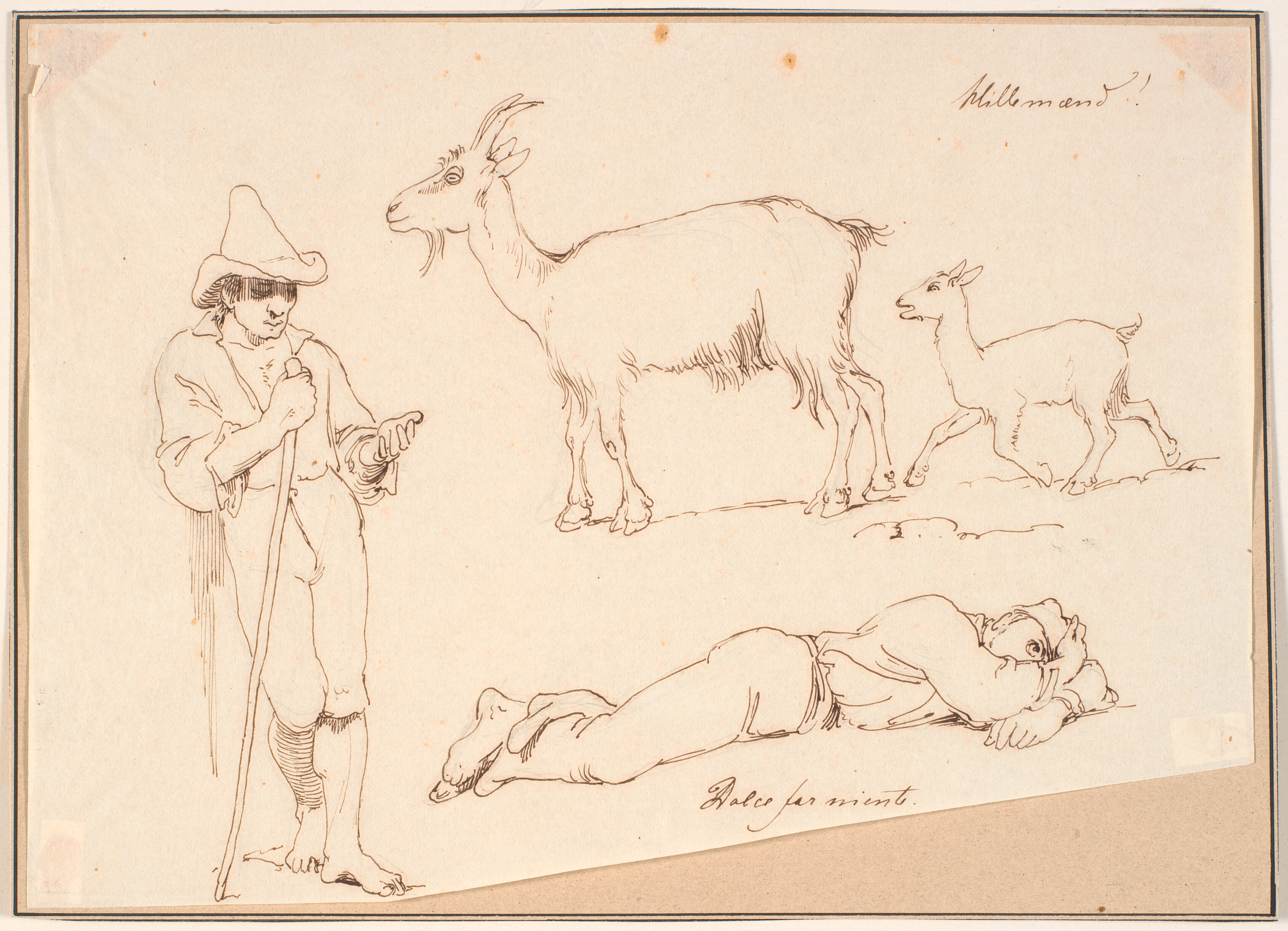 En hyrde, en ged med sit kid og en liggende mand