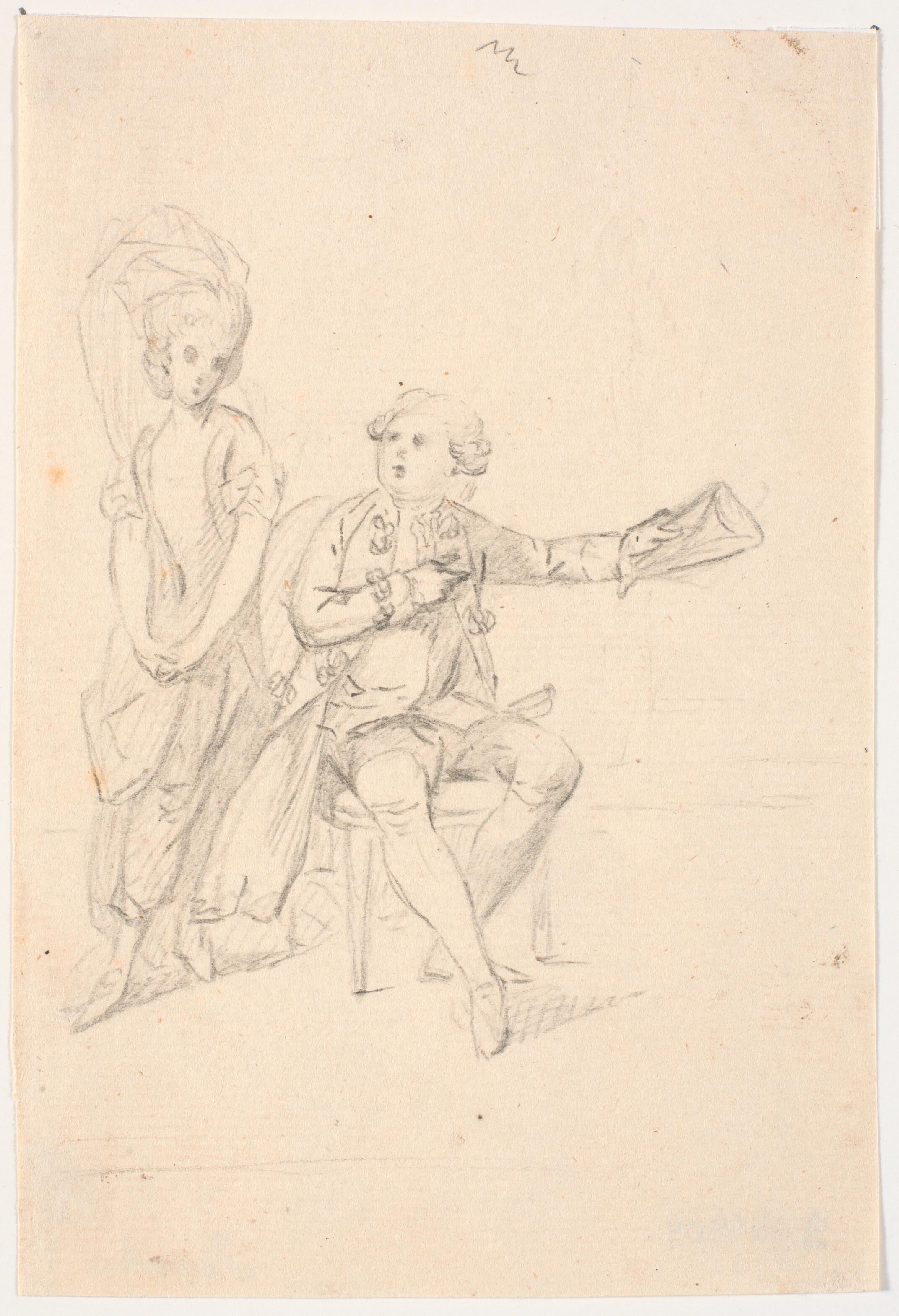 Siddende herre med en hat i venstre hånd. En stående dame læner sig til hans stol