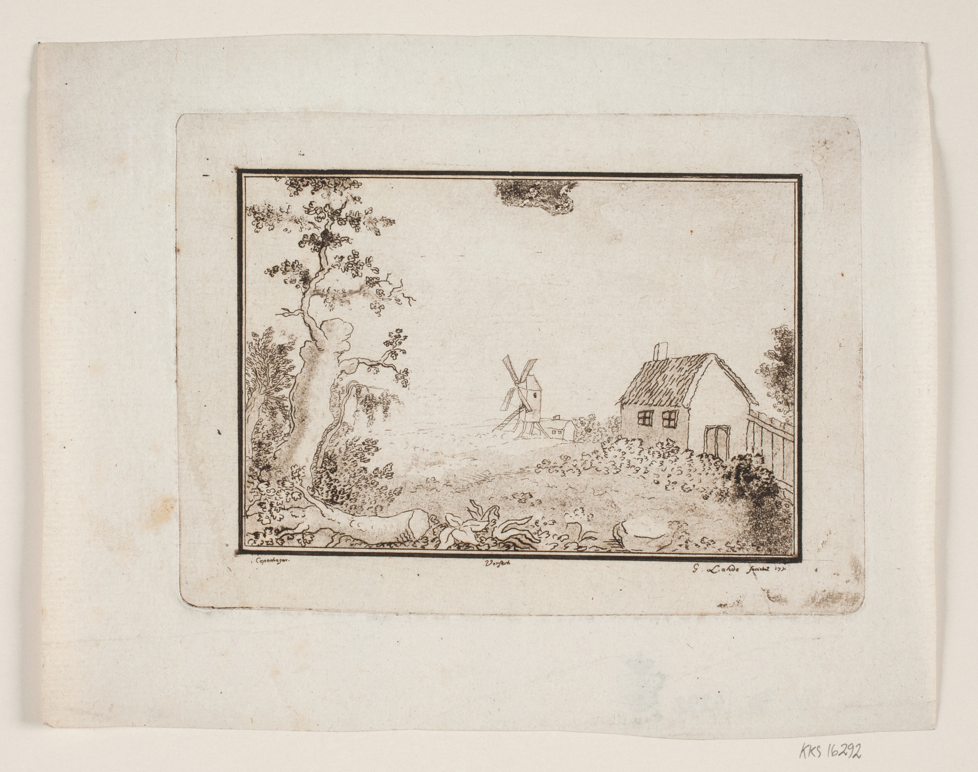 Landskab med hus og mølle