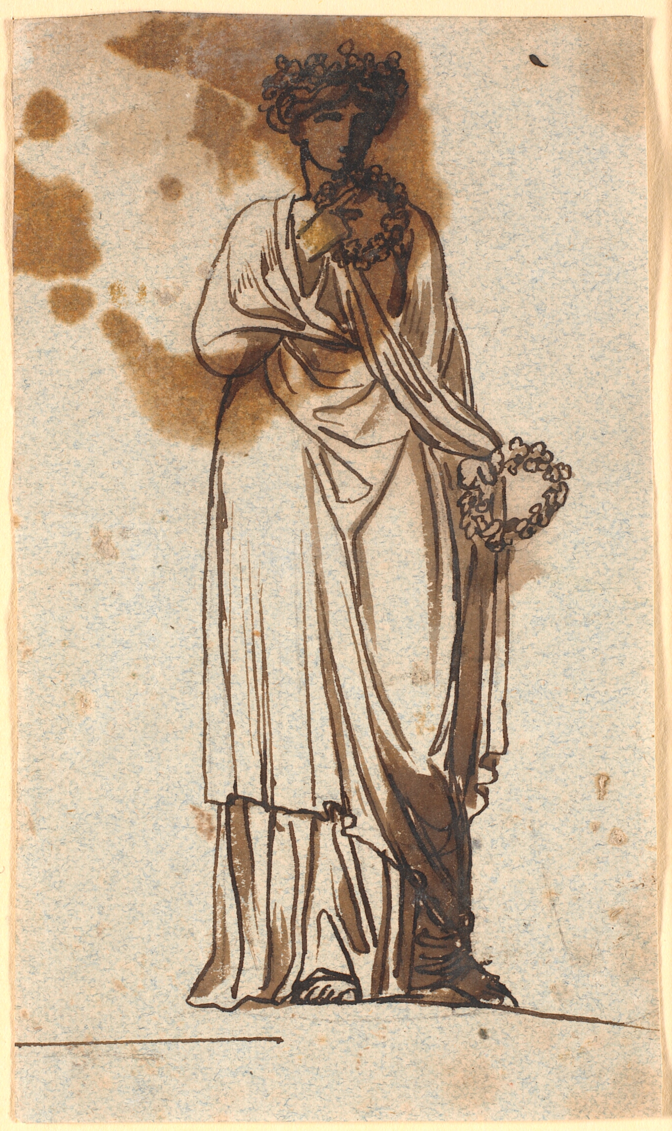 En muse, bekranset og med kranse i hænderne