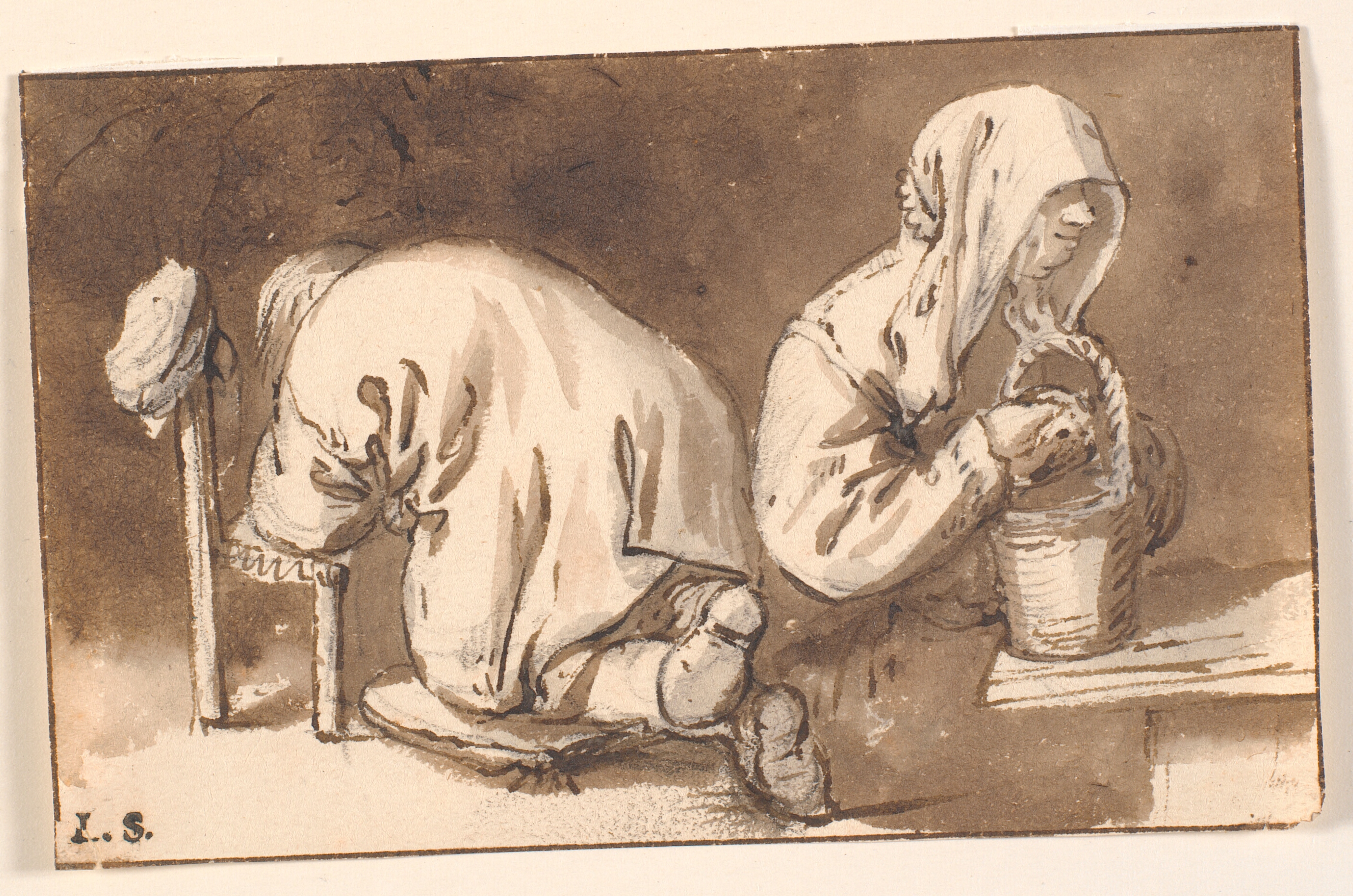 En knælende mand og en kvinde med en kurv