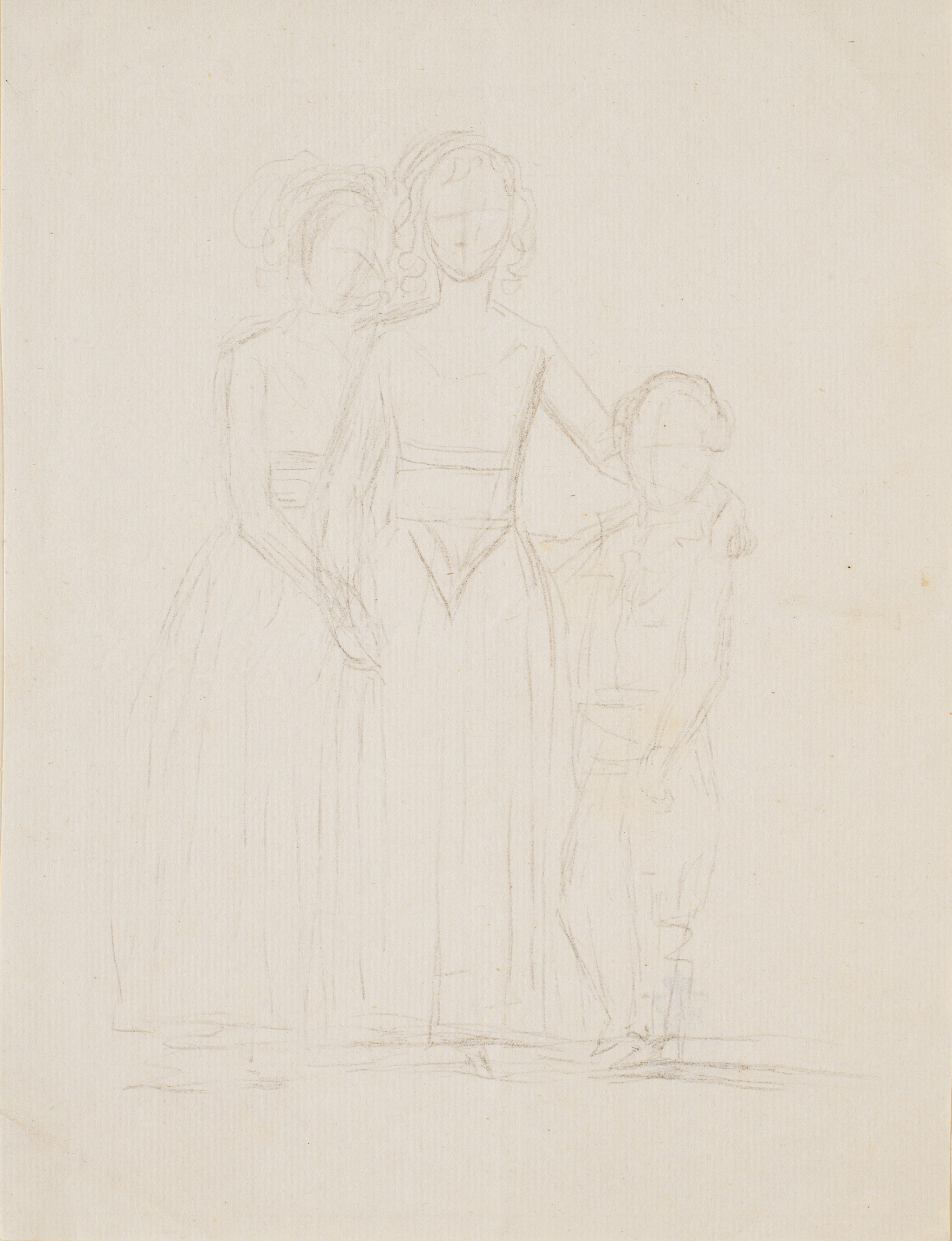 Udkast til portrætgruppe af to stående piger og en mindre dreng