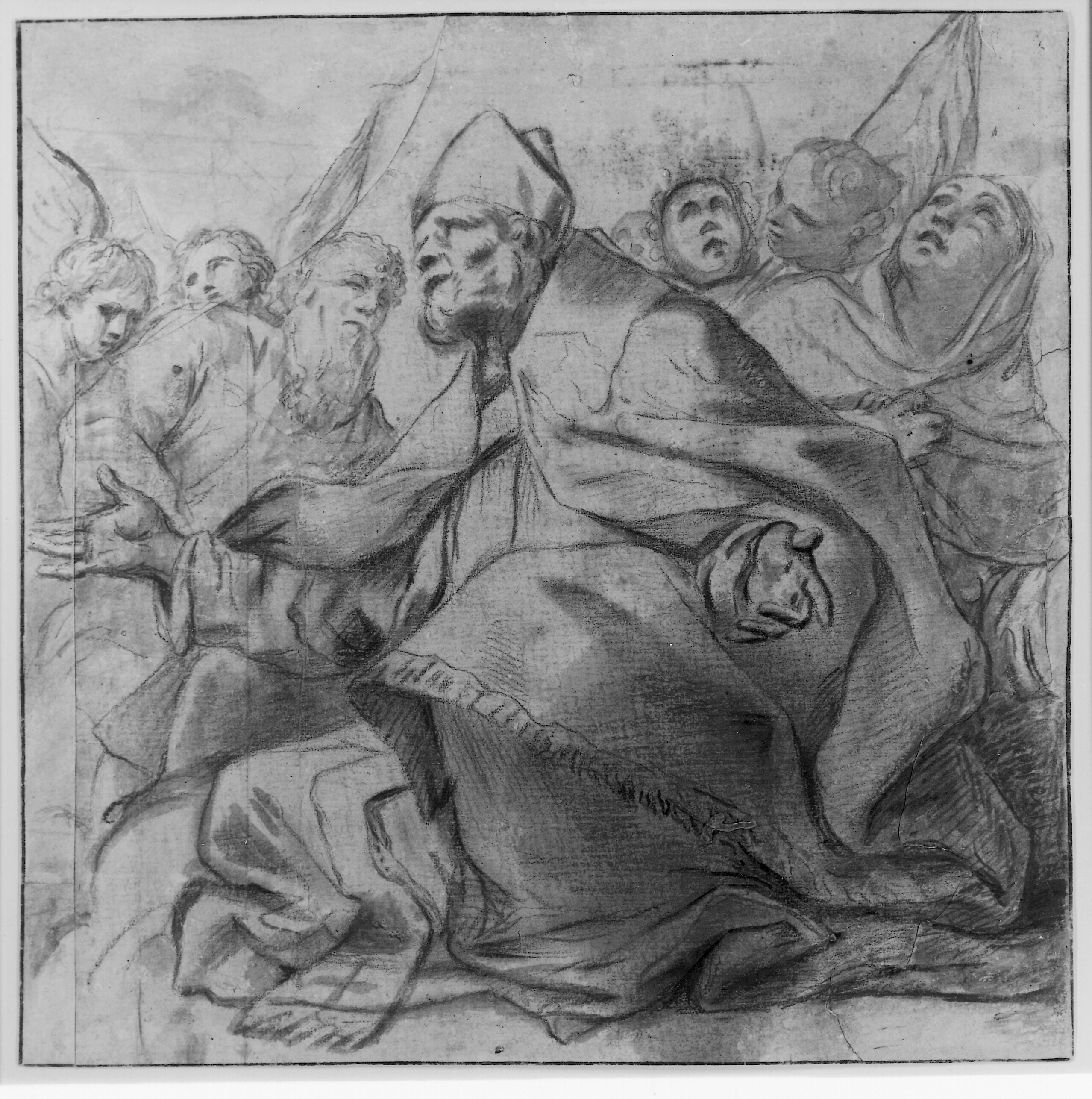 Knælende biskop med udstrakte arme omgivet af hellige figurer og engle