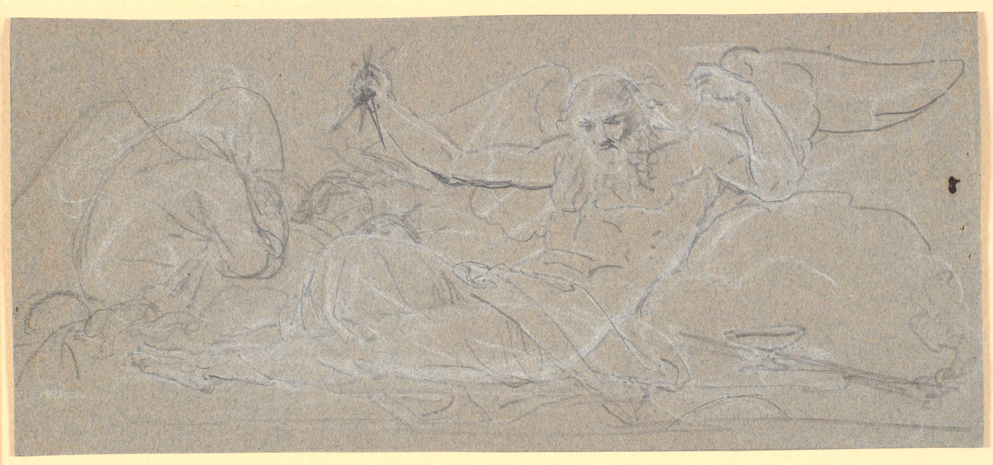 Udkast til dørstykke. En liggende vinget olding med tordenkiler i hånden, til venstre en tilsløret kvinde