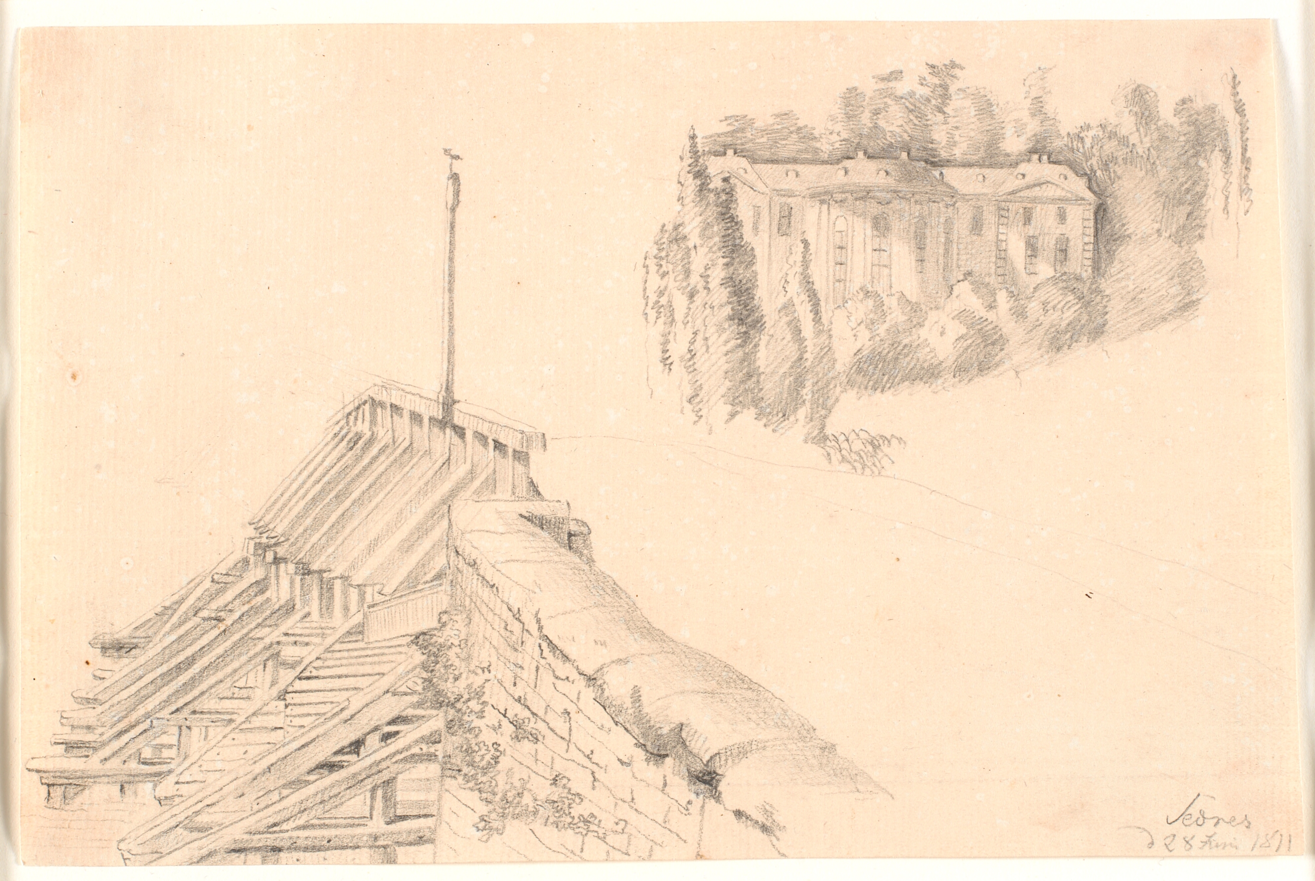 Skitseblad med del af den gamle Sèvresbro og parken i St. Cloud