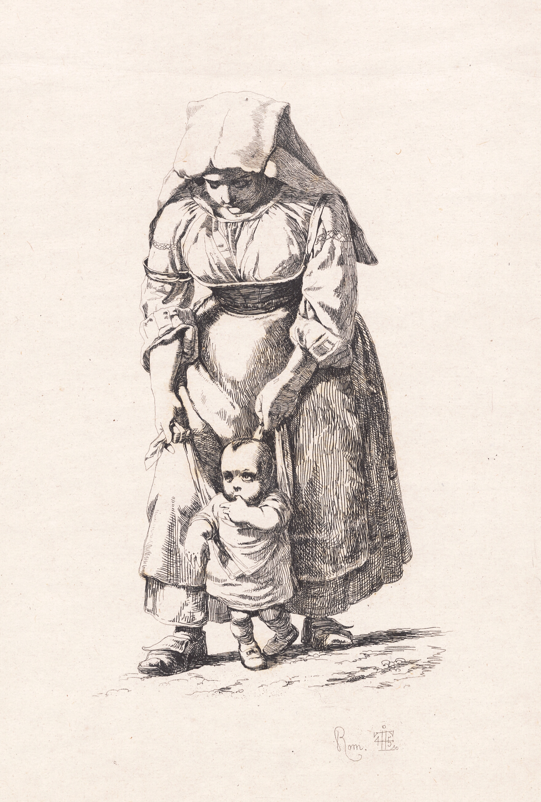 En Bondekone fra Civitella som fører sit lille barn i ledebånd