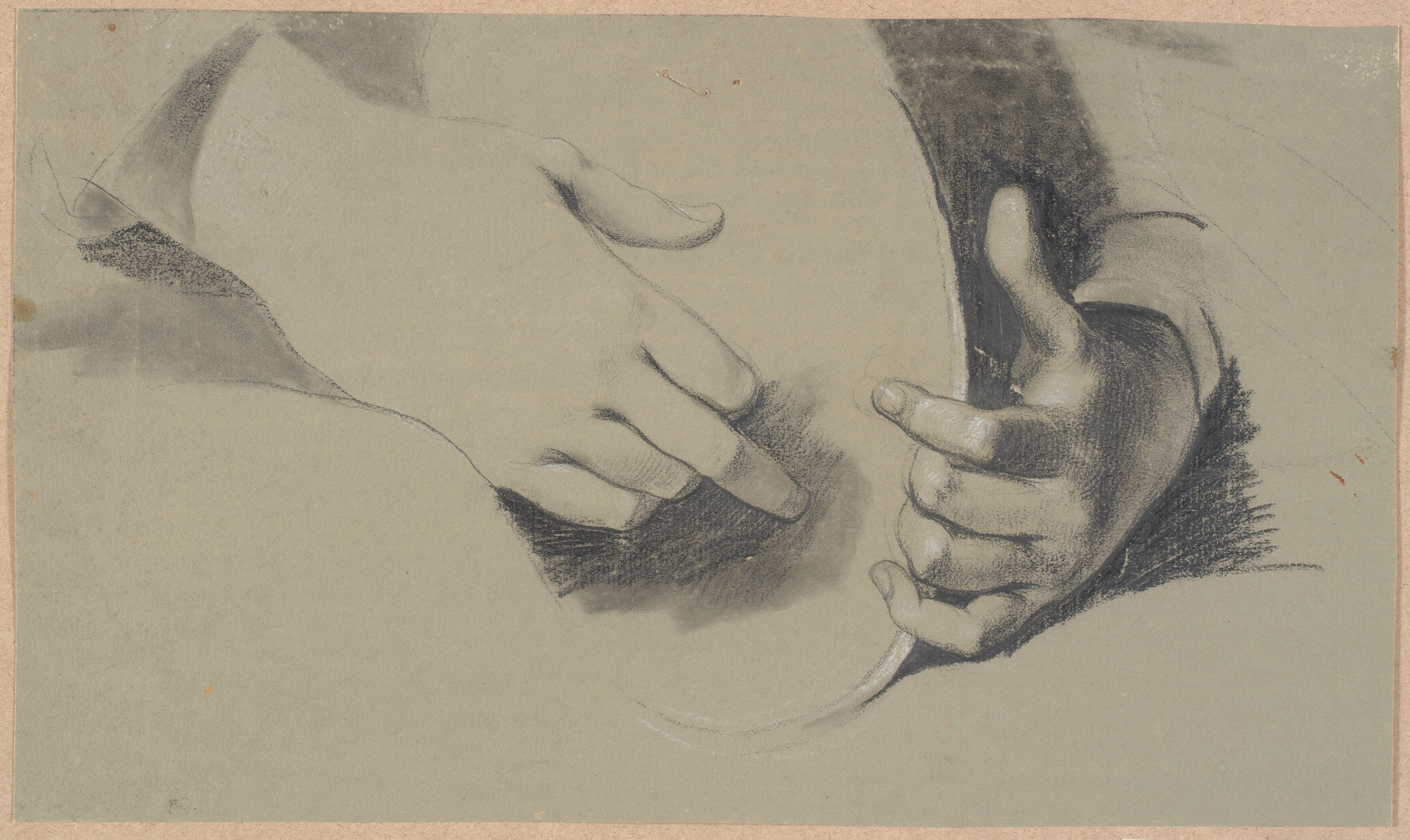 Studie af to hænder, der holder om en oval genstand (et spejl eller en krone?)