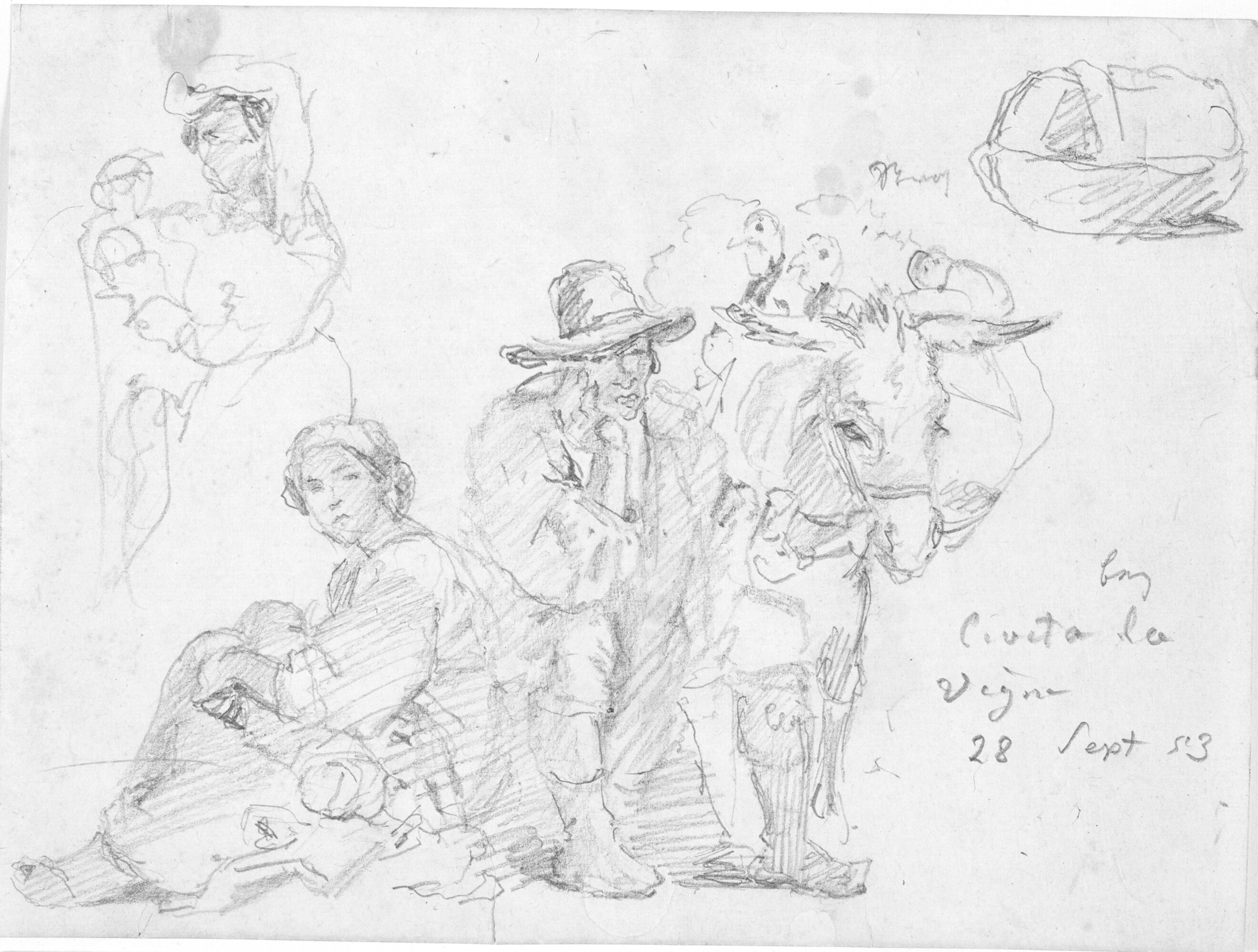 Mand og kvinde siddende ved et æsel. I øverste venstre hjørne skitse af en kvinde med barn. Øverst til højre en kurv. Ved Civita la Vigne.