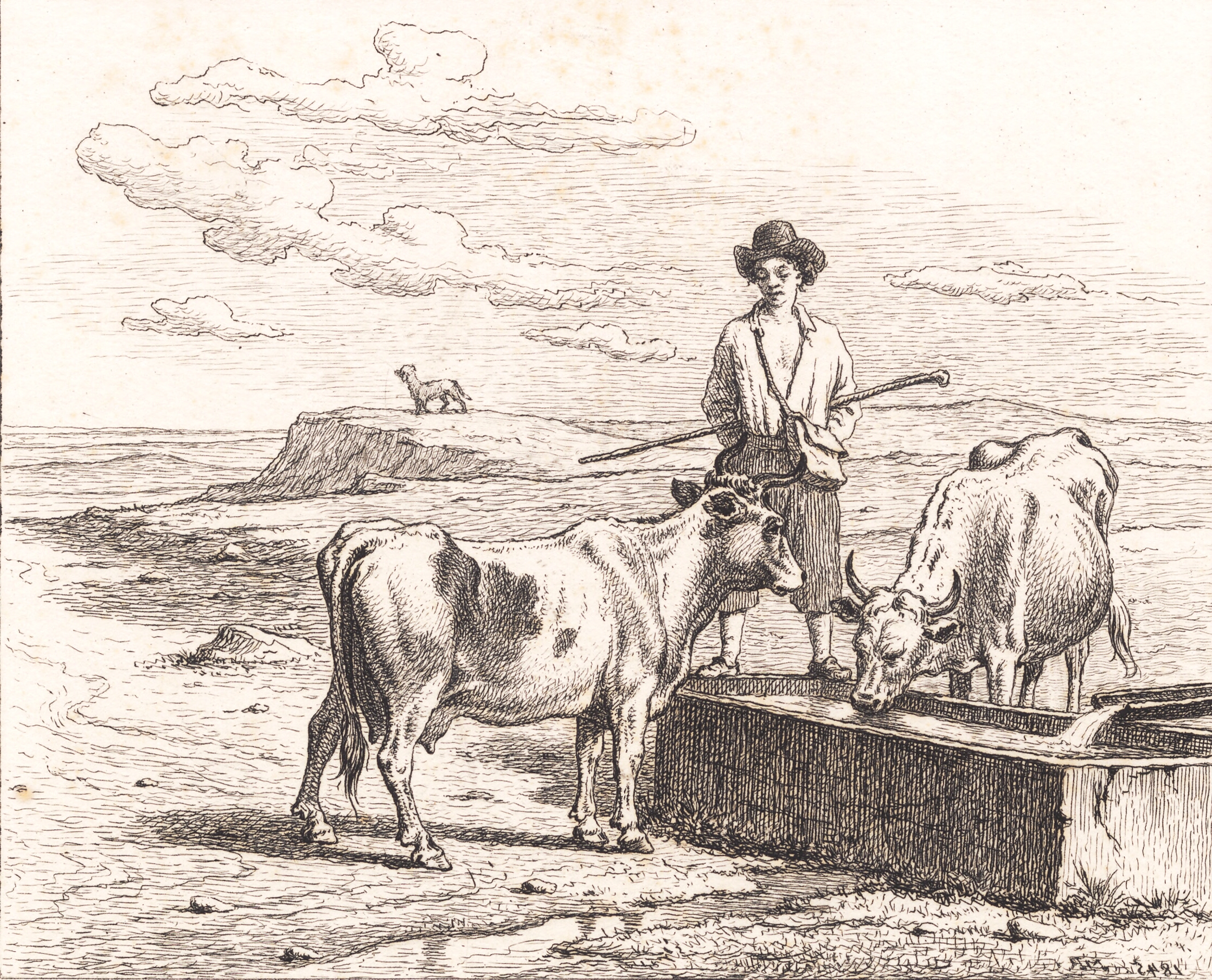 En hyrdedreng ved et vandingstrug. Illustrion til Chr. Winther "Femogtyve Billeder for små Børn"