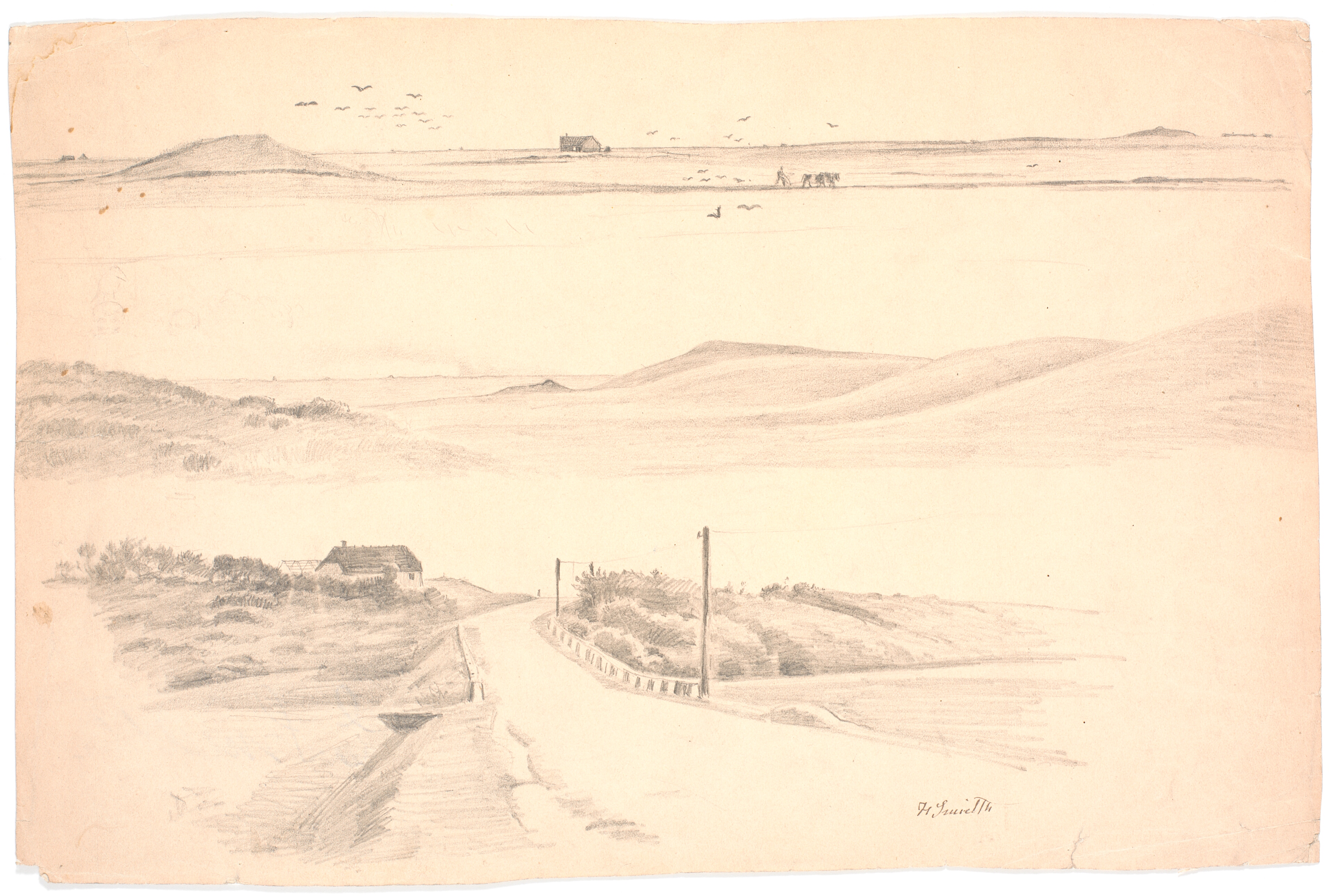 Studieblad med tre landskaber fra jylland. Øverst: landskab med pløjemark; midten: landskab med høje bakker; nederst: landskab med hus og vej