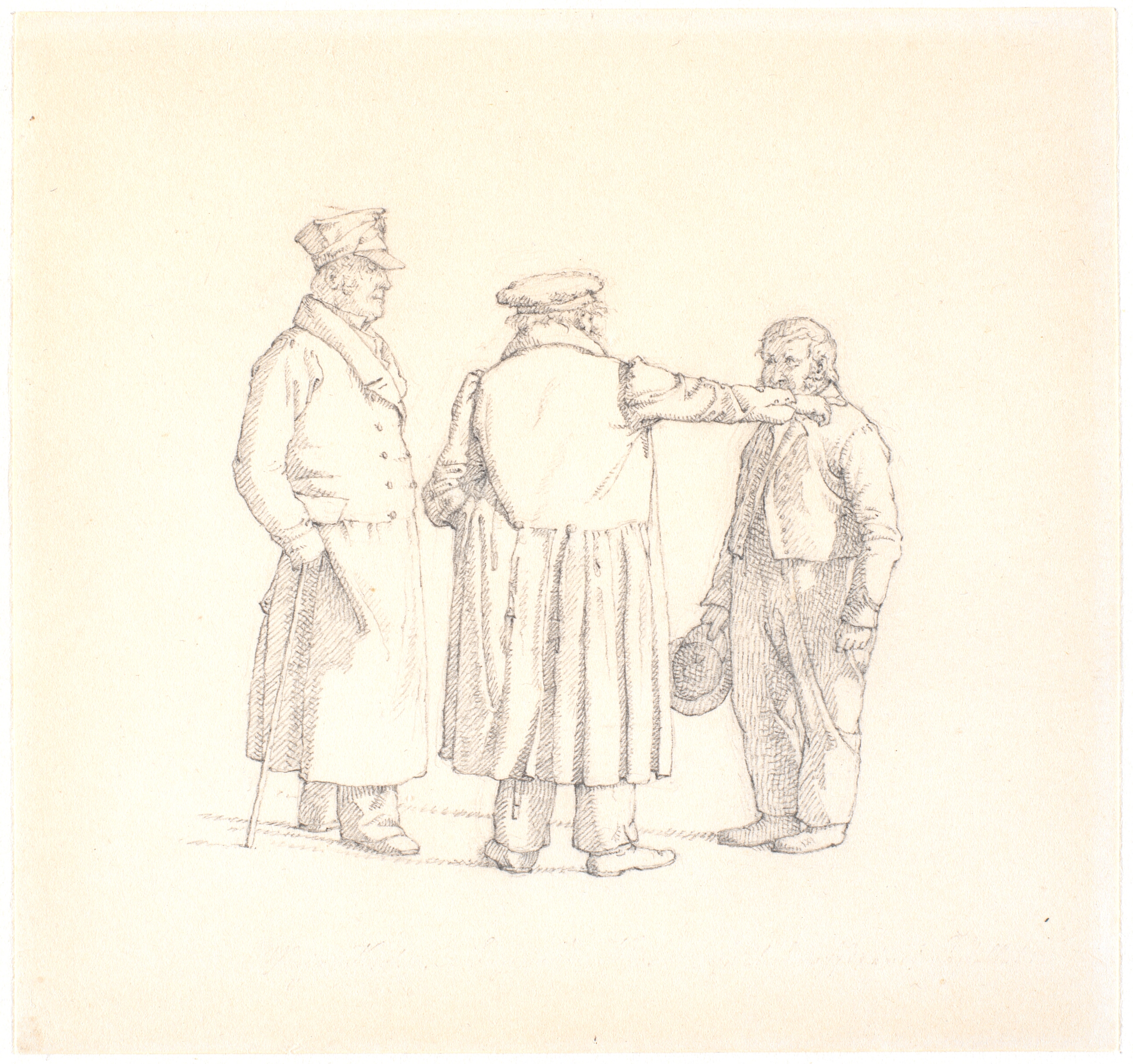 Tre personer i samtale; rygvendt i midten bagermester Købke, t.v. major Krohn og t.h. slavesergent Sprøch